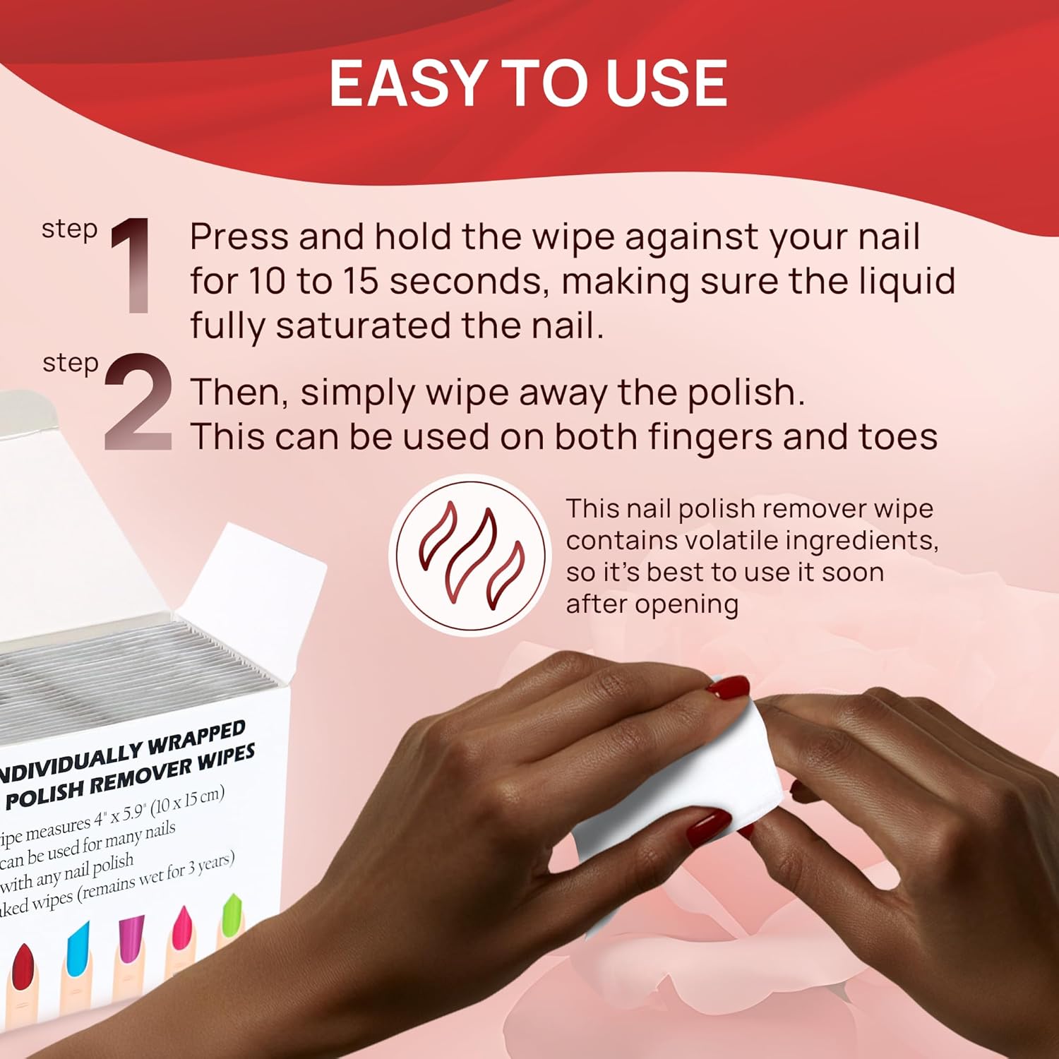 Nail Polish Remover Pads - 100% Non-Acetone - 50 Pack Bulk Set - Individually Wrapped - Quick Nail Polish Remover Wipes - Fingernail Travel Kit to Clear Nail Polish for Home & Professional Removal - Image 6