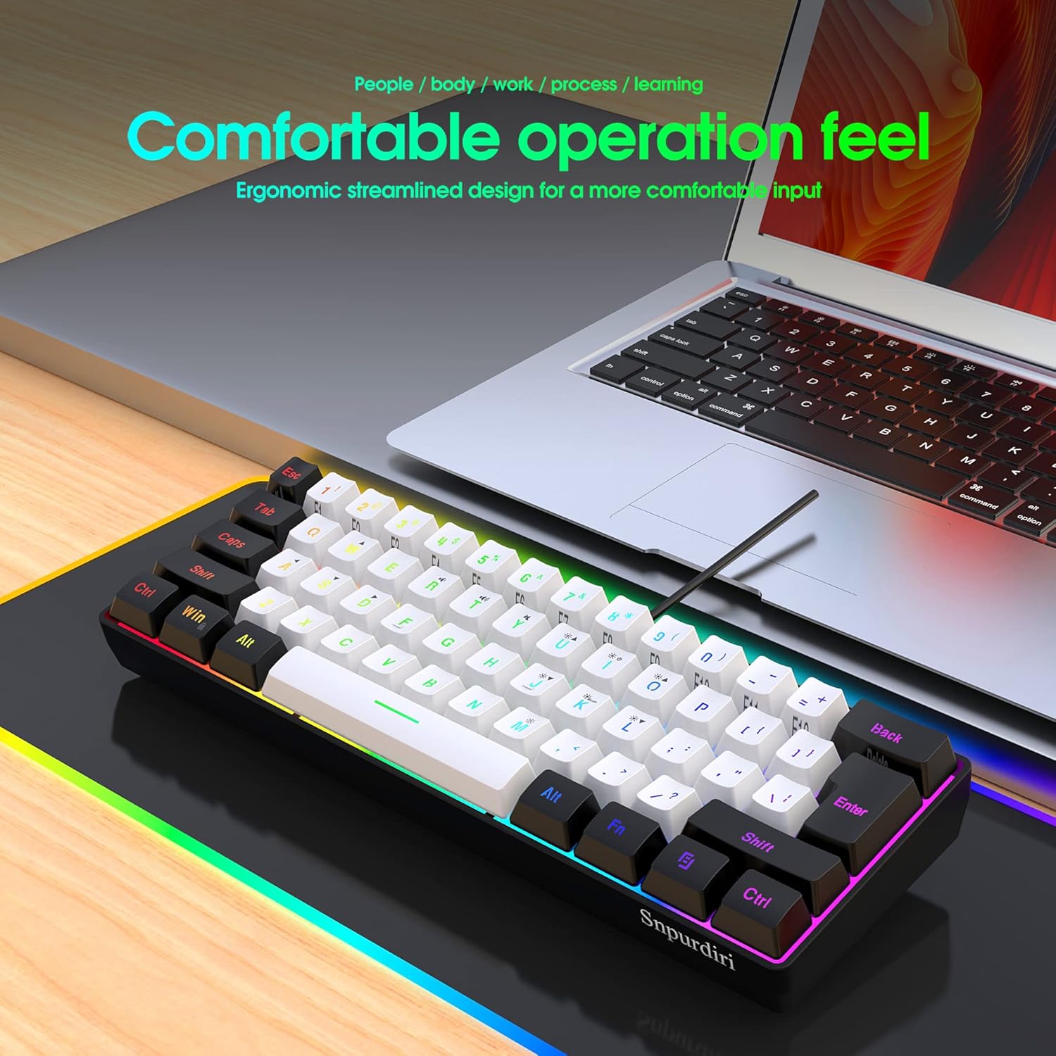 Snpurdiri 60% Wired Gaming Keyboard, 61 Keys RGB Backlit Ultra-Compact Small Gaming Keyboard, for PC/Mac Gamer, Typist, Travel, Easy to Carry on Business Trip(Black-White) - Image 8
