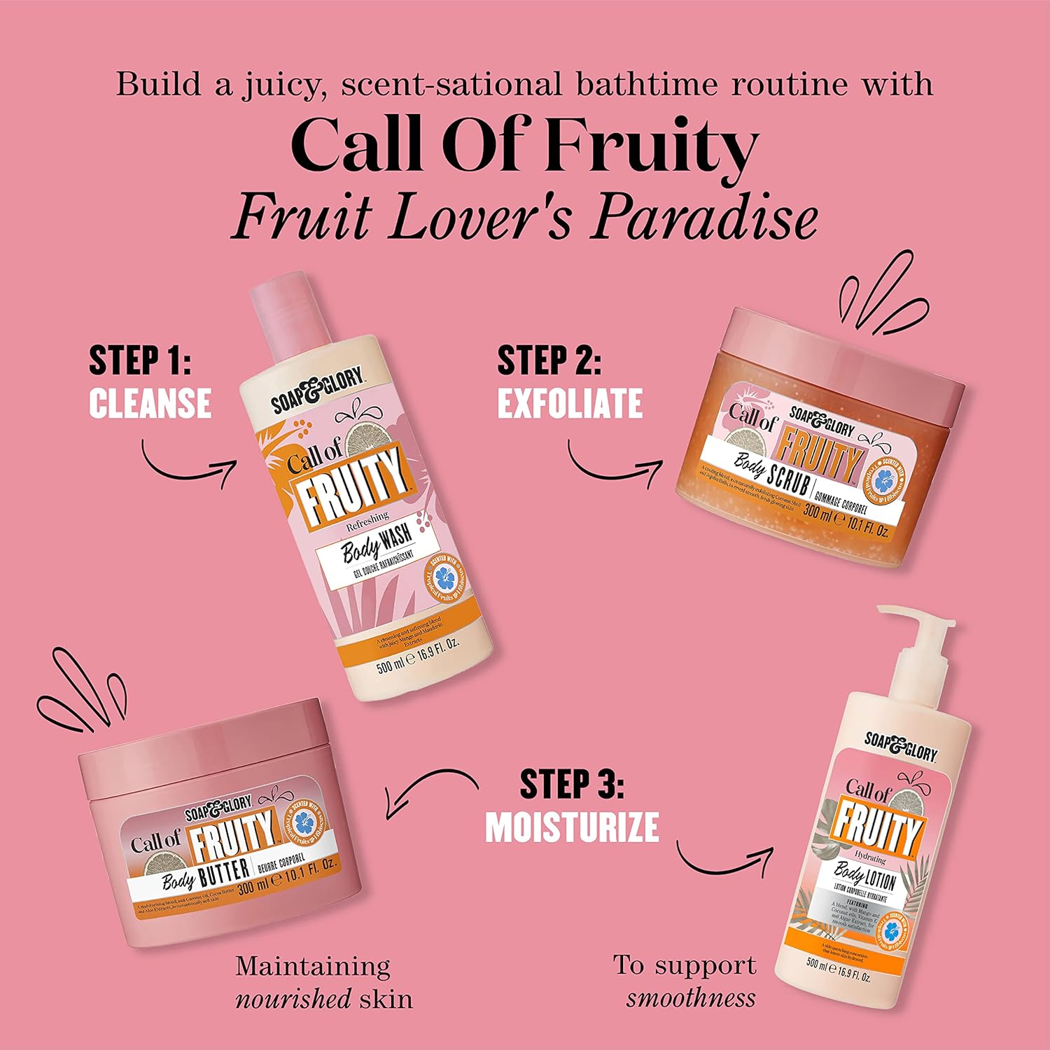 Soap & Glory Call of Fruity Vegan Body Lotion - Moisturizing Body Lotion with Vitamin E, Coconut Oil & Aloe Extracts - Tropical Fruits, Juicy Melon & Hibiscus Cocoa Butter for Dehydrated Skin (500ml) - Image 5