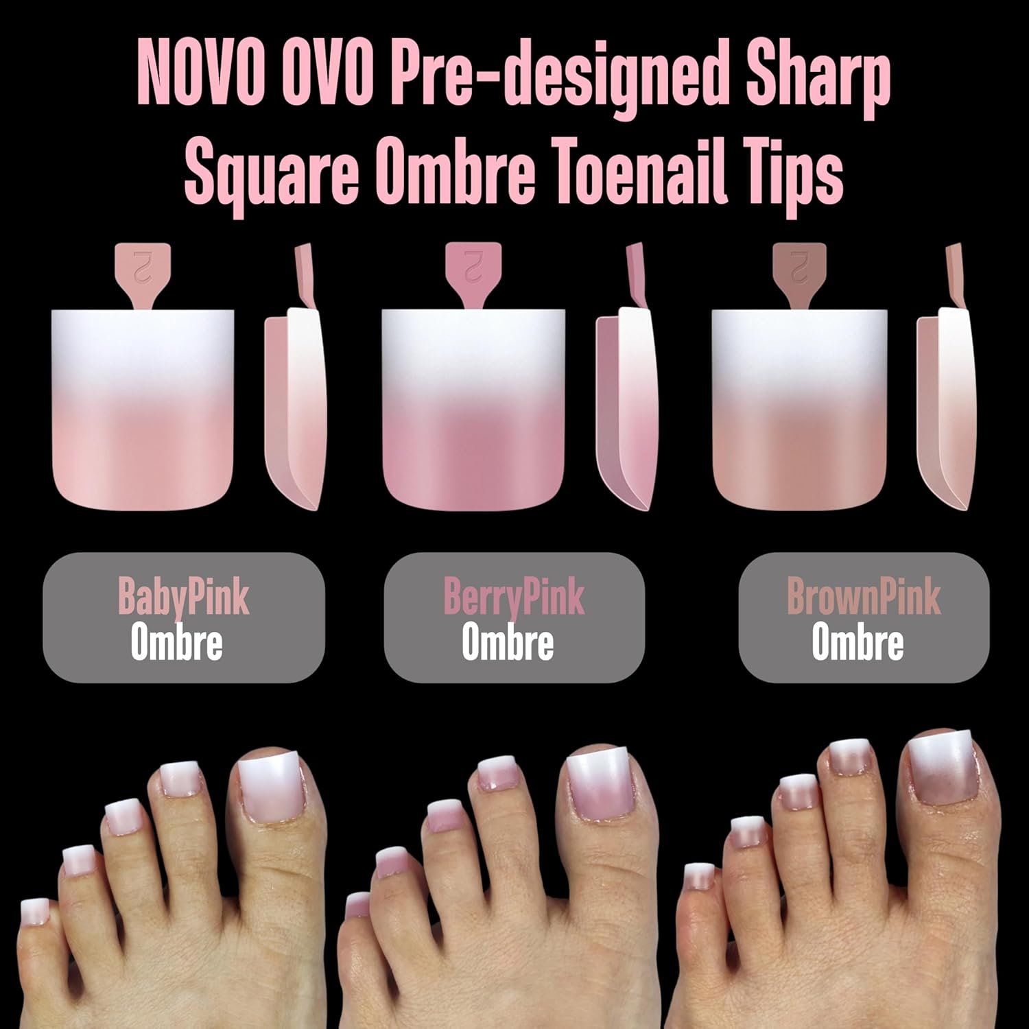 Ombre French Tip Press on Toe Nail Tips, Sharp Square Pre-Designed Soft Gel False Toenail Extension, BABY PINK Pre-applied Tip Primer & Base Coat, Full Cover Acrylic DIY x 15 Sizes 240 pcs - Image 5