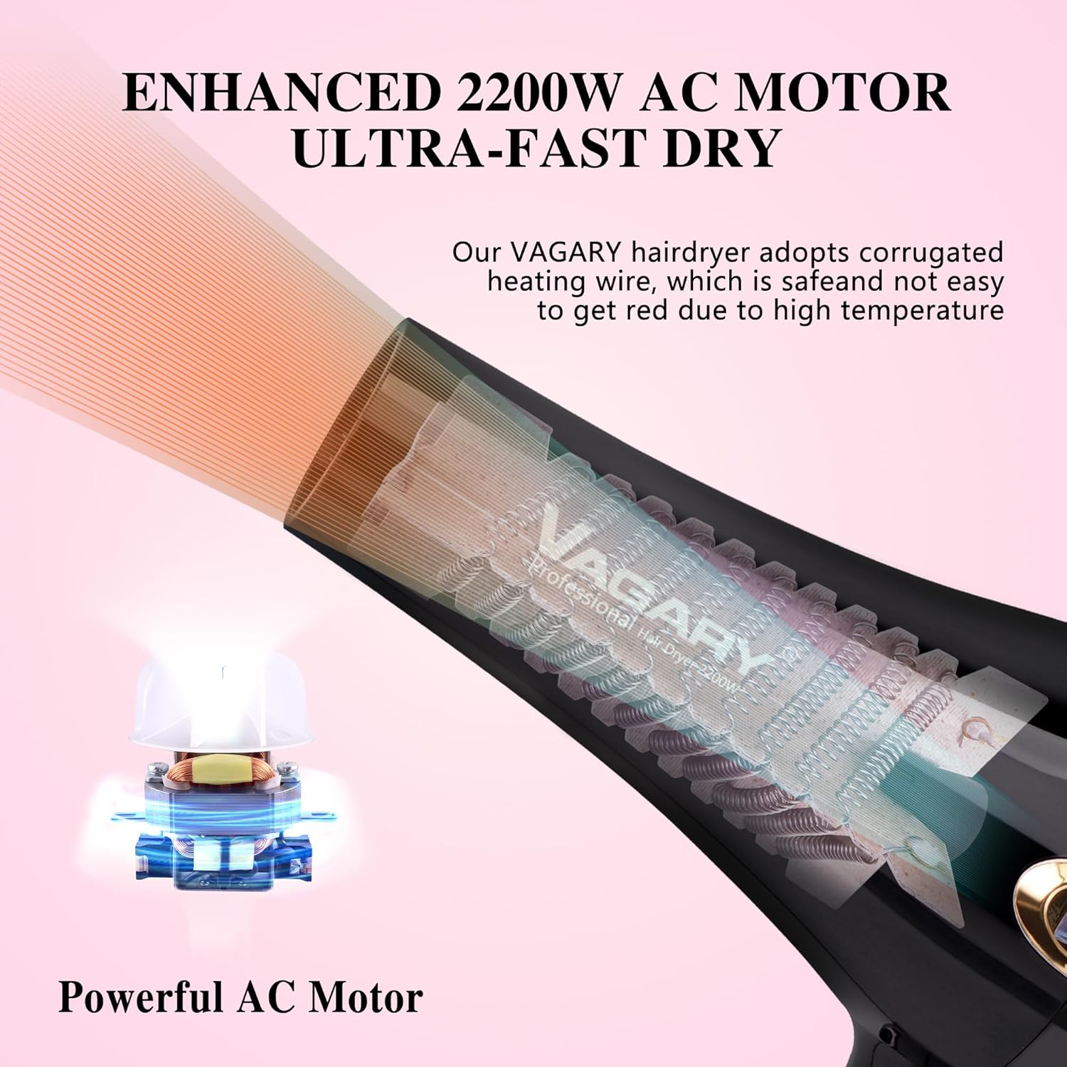 VAGARY Professional Salon 2200W Blower Dryer with Diffuser Concentrator Nozzles,Negative Ionic Blow Dryer,Low Noise Hair Dryers,2 Speeds and 2 Heat Settings 1 Cool Shot Button - Image 3
