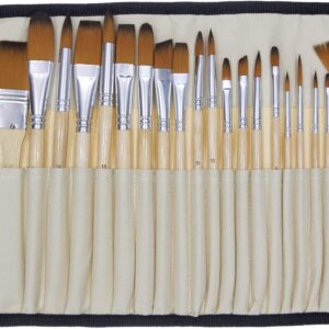 24 Pcs Artist Paint Brush Set with Free Carry Pouch for Watercolor, Acrylic, Oil and All Media, Suitable for Canvas, Paper, Ceramic, Golden Nylon Hair, Wood Handles JQ-B24