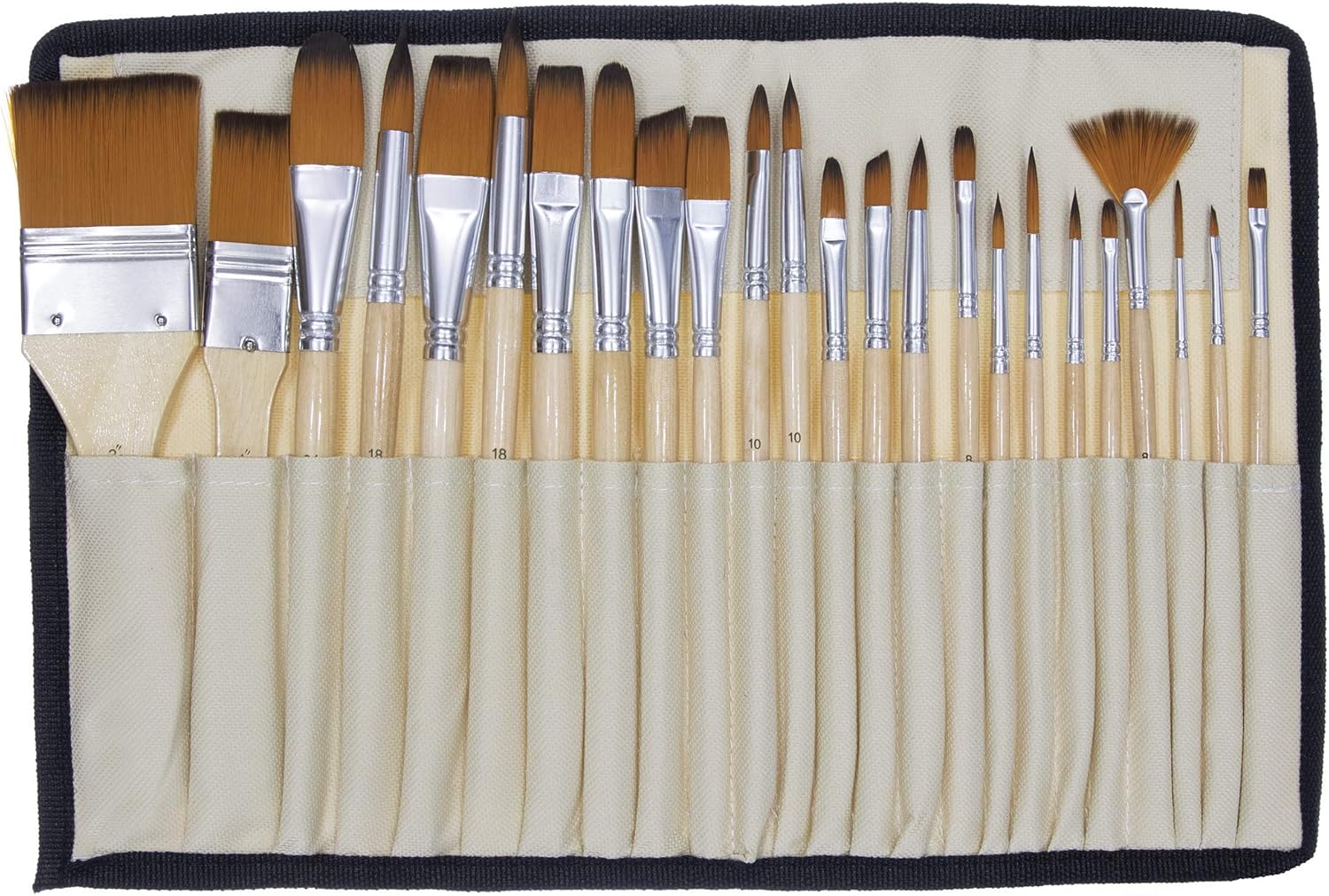 24 Pcs Artist Paint Brush Set with Free Carry Pouch for Watercolor, Acrylic, Oil and All Media, Suitable for Canvas, Paper, Ceramic, Golden Nylon Hair, Wood Handles JQ-B24