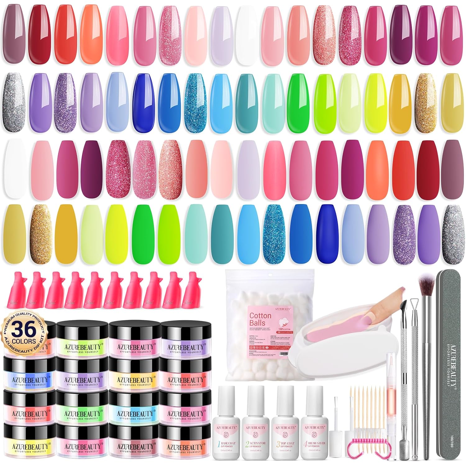 AZUREBEAUTY 170Pcs Dip Powder Nail Kit, 36 Color Neon Bright Blue Yellow with Dipping Powder Base/top Coat Activator Liquid Set & Removel Kit for French Nail Art Salon DIY Home