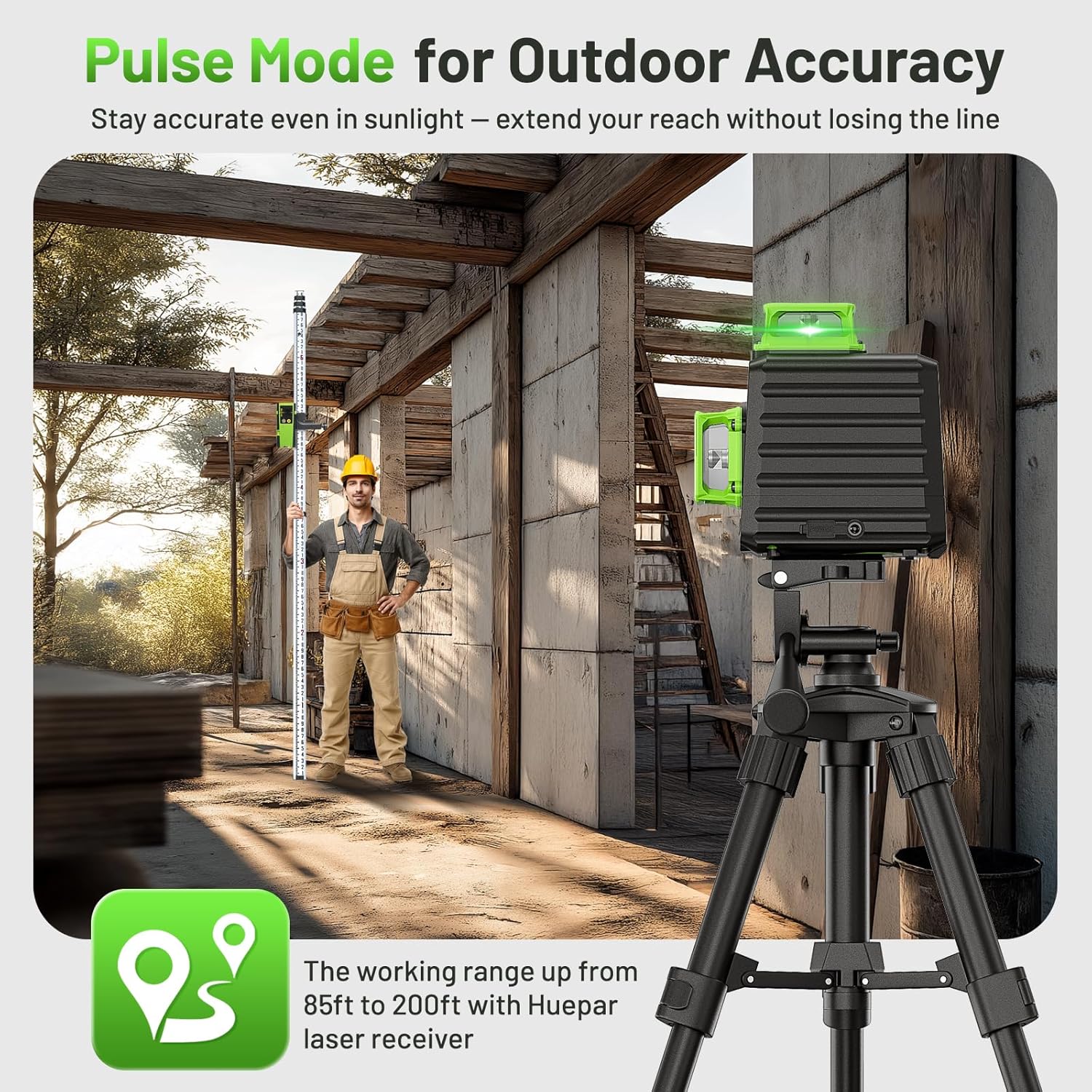Huepar Laser Level 360 Self Leveling, 3 x 360° High Brightness Cross Line Laser for Construction and Picture Hanging, 12 Green Laser Level Tool with 5200 mAh Rechargeable Battery & Hard Carry Case - Image 3