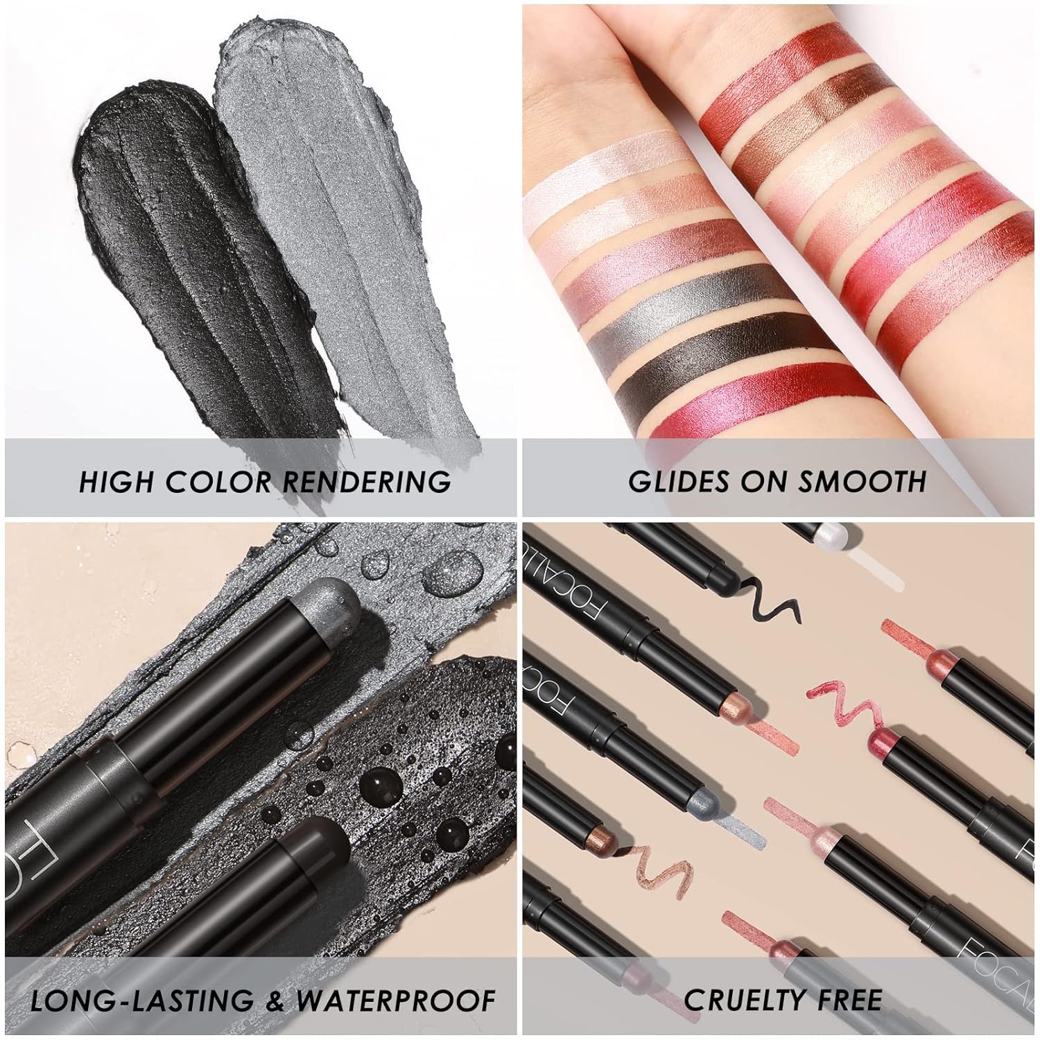 FOCALLURE 2 Pcs Cream Eyeshadow Stick,Brightener Eyeshadow Pencil Crayon,Highlighter Eye Shadow Stick Sets with Crease-proof Formula,Long Lasting Waterproof Eye Shadow Make Up,Smoky-night - Image 7