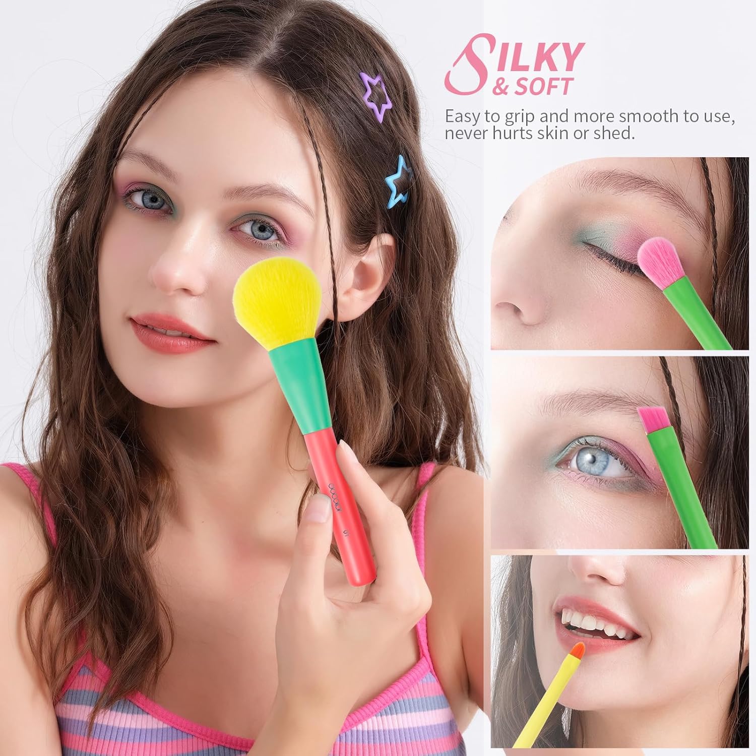 Docolor Makeup Brushes 15Pcs Colourful Makeup Brush Set Premium Gift Synthetic Face Powder Kabuki Foundation Contour Blush Concealers Eye Shadow Blending Make Up Brush Kit - Dream of Color - Image 3