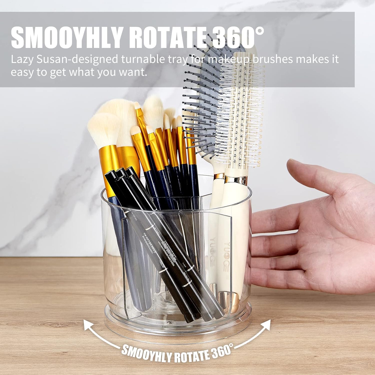 Makeup Brush Holder Organizer -Rotating 360° Clear Storage Cup Containers for Vanity, Desk, Countertop, Spinning Pen Holder for Desk, Round Make up Brush Stand with 5 Slots, for Cosmestics (Clear) - Image 3