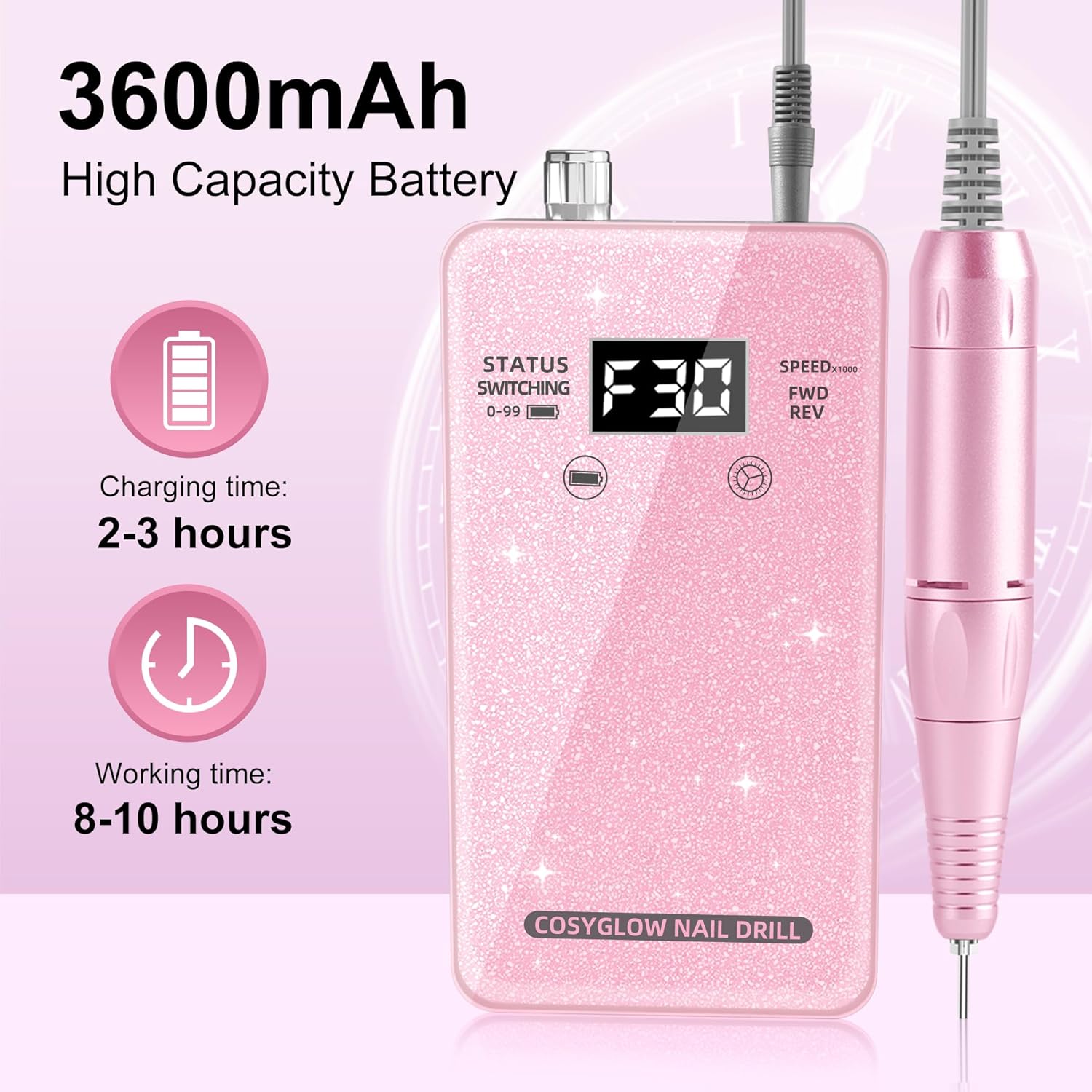 Professional Electric Nail Drill File:COSYGLOW Glitter Portable Cordless E-File Nail Drill Kit with 11 Drill Bits,30000 RPM Rechargeable Nail Drills Machine for Acrylic Nails Gel Polishing(Pink) - Image 4