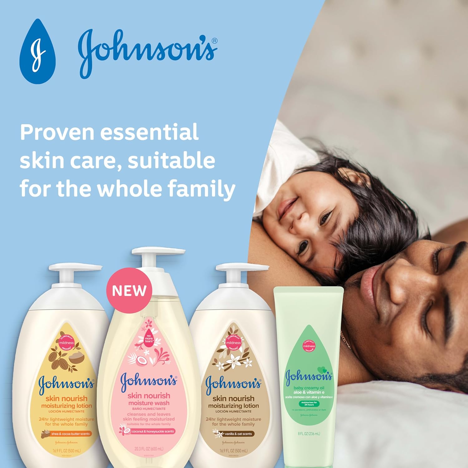 Johnson's Skin Nourish Moisturizing Baby Lotion for Dry Skin with Vanilla & Oat Scents, Gentle & Lightweight Body Lotion for the Whole Family, Hypoallergenic, Dye-Free, 16.9 fl. oz - Image 2