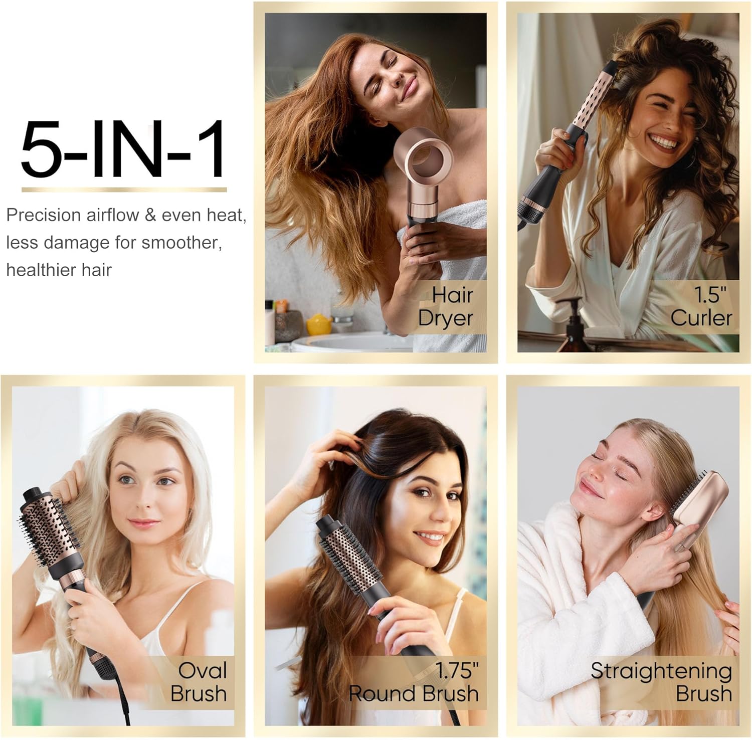 Hair Dryer Brush Set, DAILYLIFE Blow Dryer Brush with 5 Attachments, Multi Hair Styler for Salon Blowouts, Volumizing, and Straightening, Ionic Function, Frizz Free, with Glove - Image 3