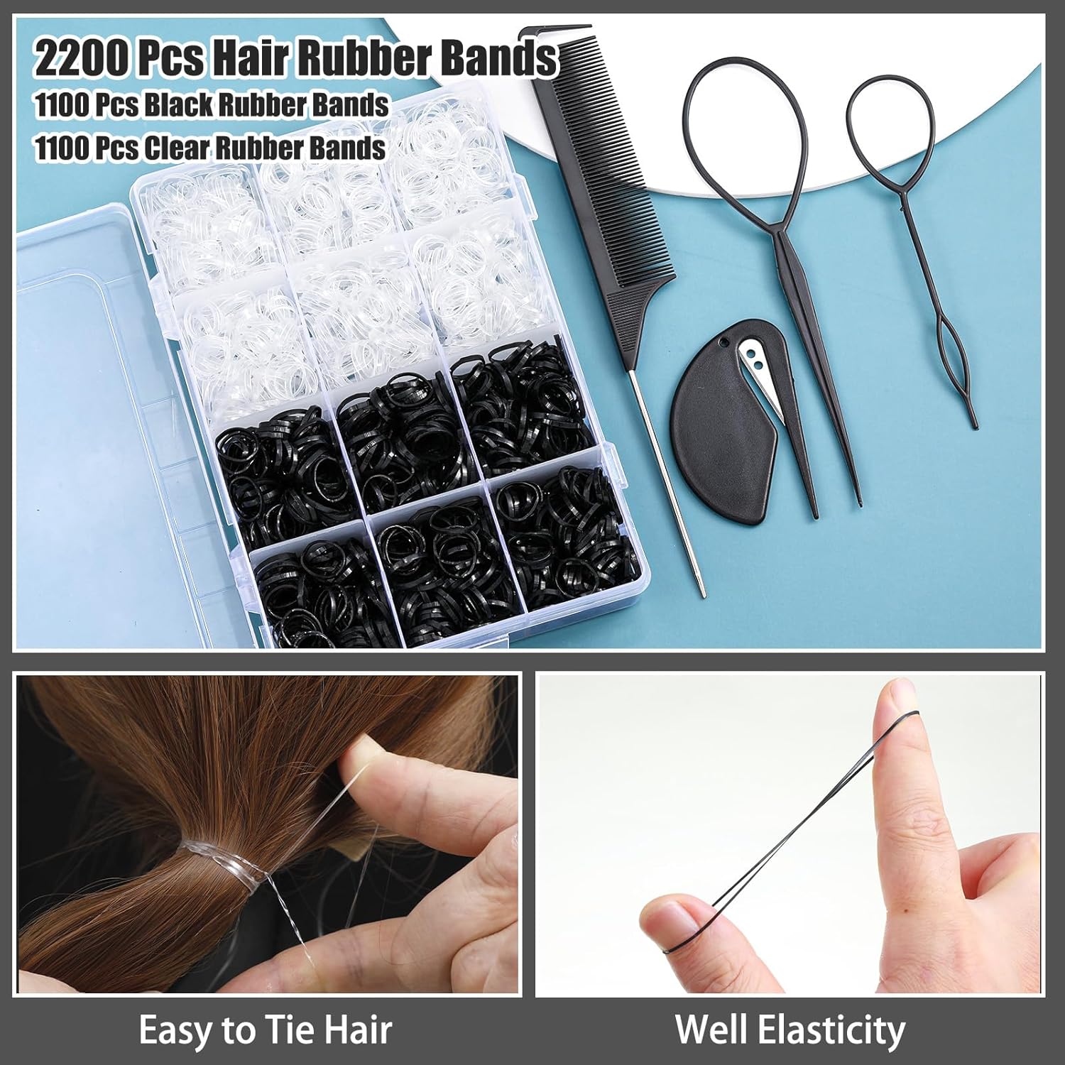 2200 Pcs Clear & Black Elastic Hair Bands Set with Styling Tool in Organizer Box - Image 3