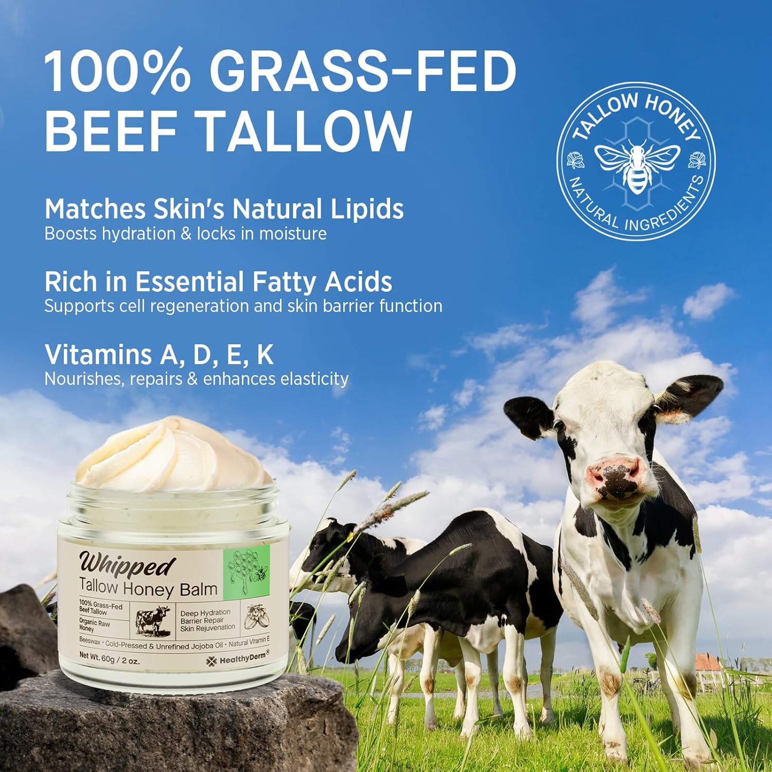 Beef Tallow Honey Balm for Skin: 100% Grass Fed Whipped Organic Moisturizer with Organic Raw Honey, Jojoba Oil, Vitamin E – Natural Face and Body Care for Mature, Dry or Sensitive Skin, 2oz - Image 4