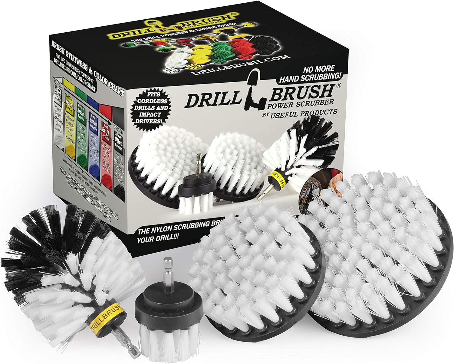 Drillbrush Automotive Soft White Drill Brush Set - Cloth, Vinyl, Fabric Seat Cleaner - Interior Car Detailing Kit - Leather Cleaning Brushes for Car Carpet - Wheel Cleaner Brush Drill Attachment Set