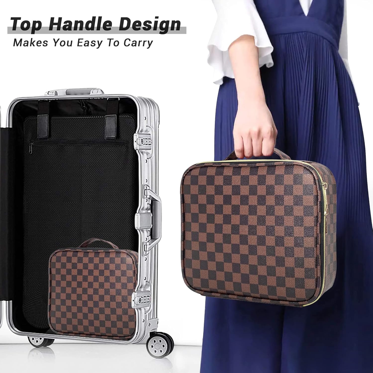 Checkered Makeup Bag, Portable Makeup Bag with Adjustable Partition, Cosmetic Bags for Women Toiletry Travel Organizer Portable Make Up Bags for Christmas Birthday Gifts - Image 6