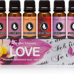 Eternal Essence Oils Love Set of 6 Premium Fragrance Oils - Rose, PS I Love You, Amber Romance, Secret Crush, Forever Yours and Sugar Kiss - for Diffusers, Candle & Soap Making, & Aromatherapy - 10ML