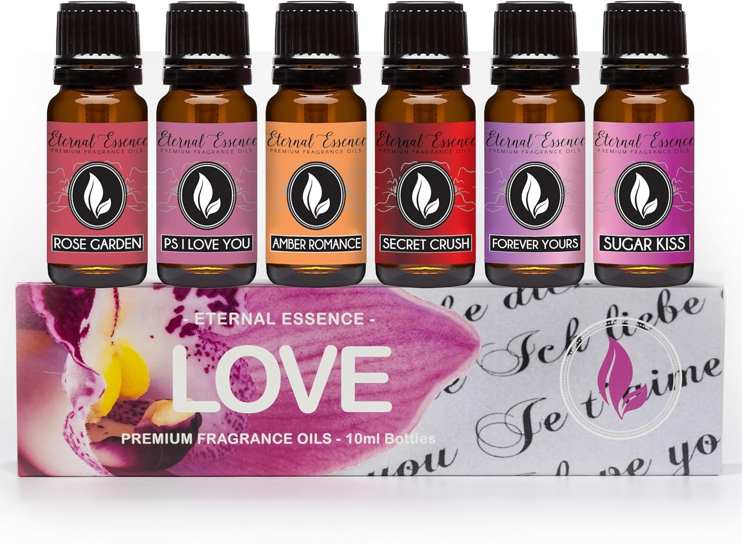Eternal Essence Oils Love Set of 6 Premium Fragrance Oils - Rose, PS I Love You, Amber Romance, Secret Crush, Forever Yours and Sugar Kiss - for Diffusers, Candle & Soap Making, & Aromatherapy - 10ML