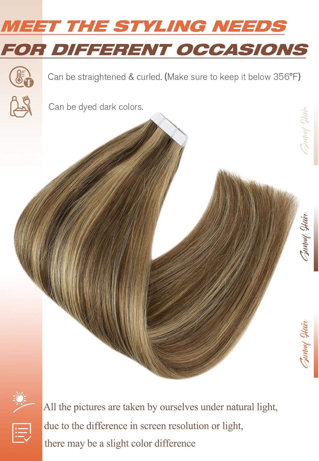 Sunny Hair Tape in Hair Extensions Real Human Hair Invisible Remy Hair Extensions Tape ins for Women Dark Brown Highlight Caramel Blonde 18 inch 20Pcs 50G - Image 5