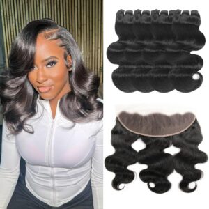 Body Wave Human Hair Bundles with Frontal (12 12 14 14+12Frontal) 12A Human Hair Bundles with Closure 13x4 HD Lace Frontal With 4 Bundles Body Wave Human Hair 100% Unprocessed Brazilian Virgin Hair