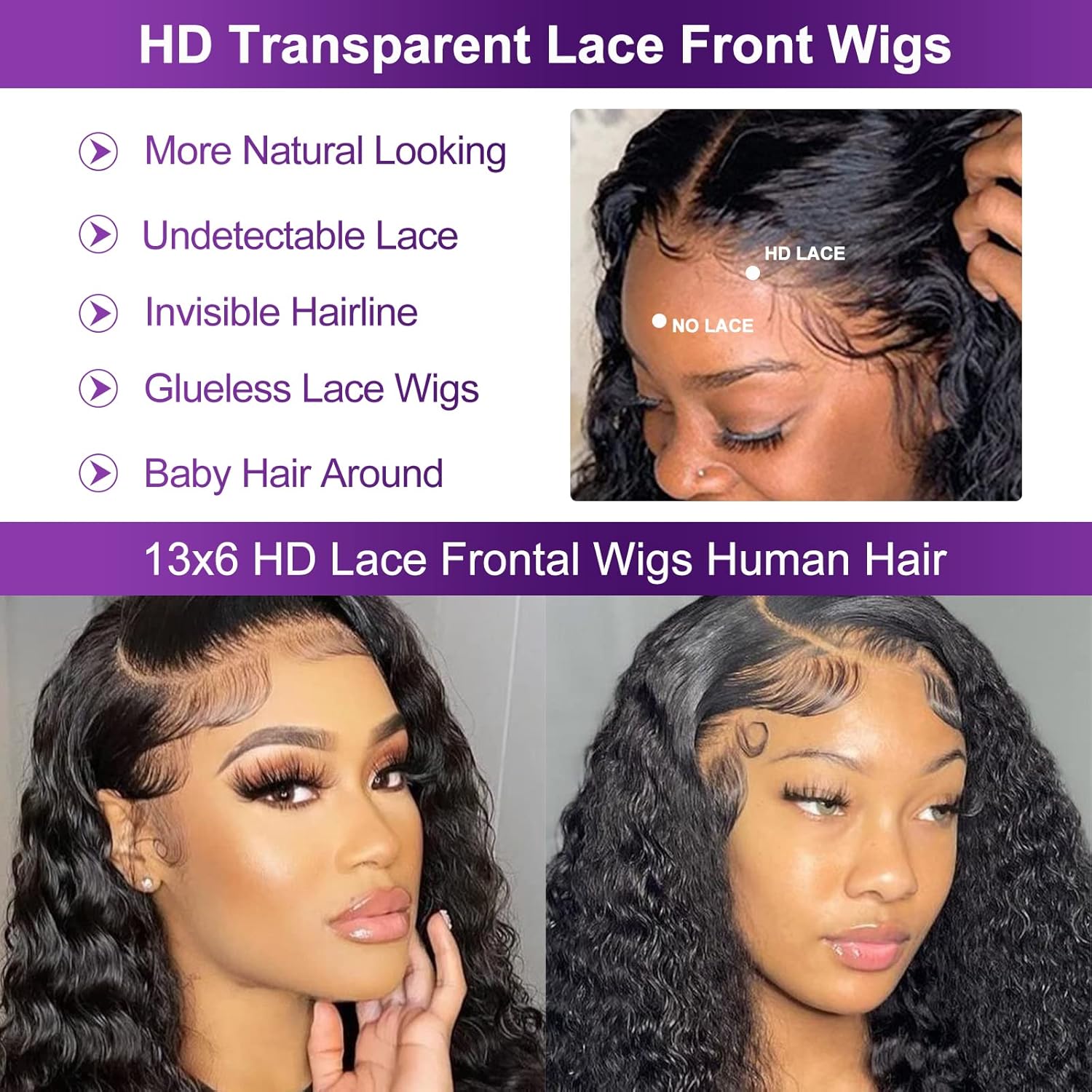 13x6 Deep Wave Lace Front Wigs Human Hair 200% Density Pre Plucked 13x6 HD Transparent Curly Lace Frontal Wig for Women Virgin Brazilian Human Hair Wet n Wavy Wig Realistic Looking 24 Inch - Image 3