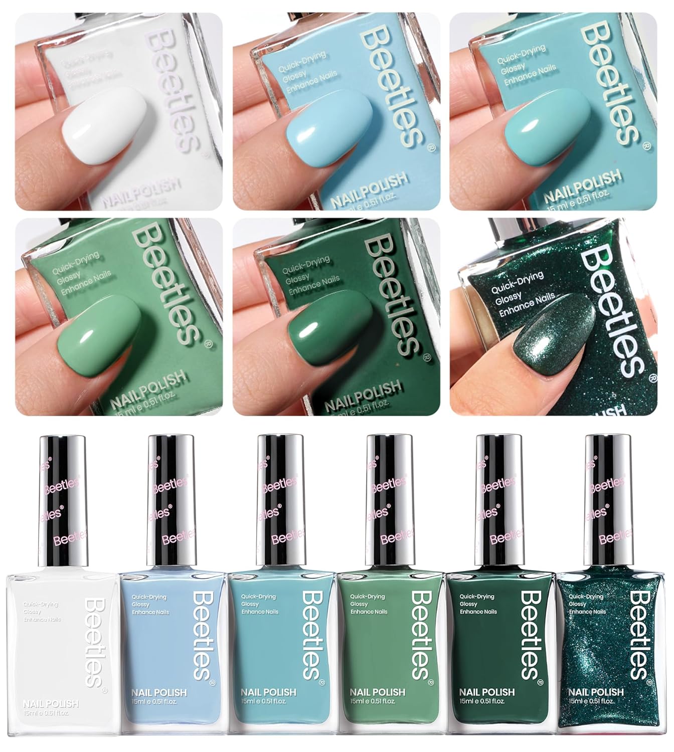 Beetles Green Nail Polish Set P181, 6 Colors Blue White Nail Polish Set, Green Collection Quick Dry Long Lasting Manicure Patricks Day DIY Nail Art Salon Home Gift For Women - Image 8