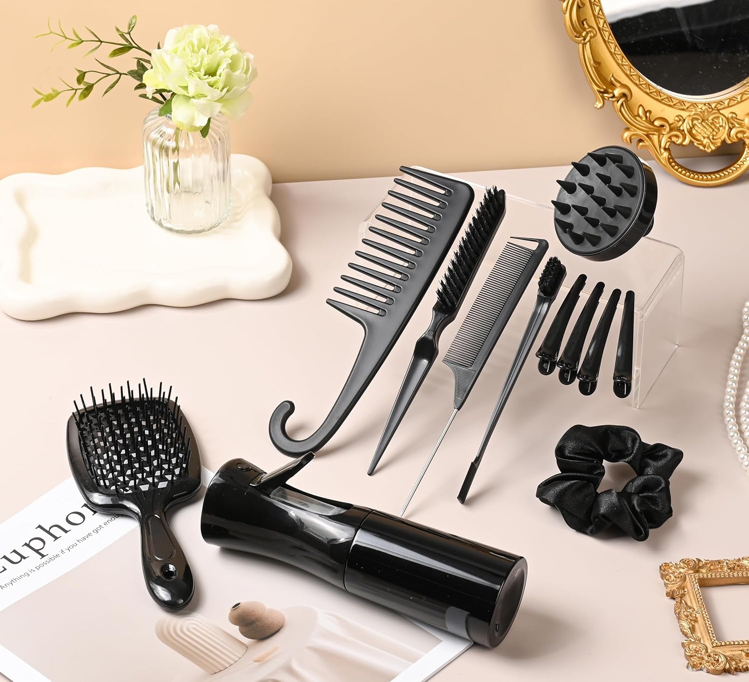 12 Pcs Hair Styling Brush Set with Detangler, Teasing, Rat Tail, Edge Brushes and Baby Hair Brushes - Soft Bristles for Baby Girls and Women (Black) - Image 4
