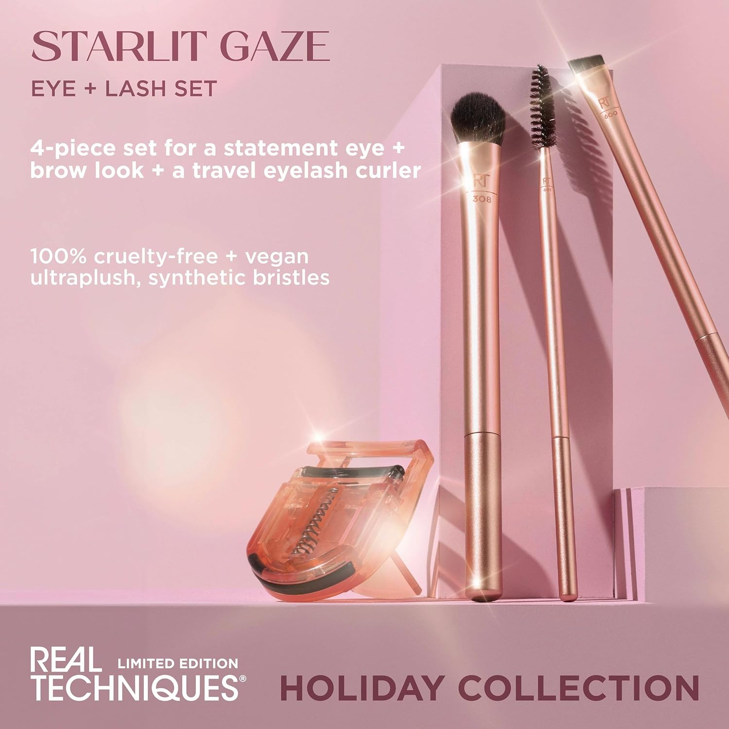 Real Techniques Starlit Gaze Eye + Lash 4 Piece Holiday Gift Set, Eye Makeup Brush Set For Eyeshadow & Brow Products, Mini Eyelash Curler For Travel, Stocking Stuffer, Limited Edition, Cruelty-Free - Image 2