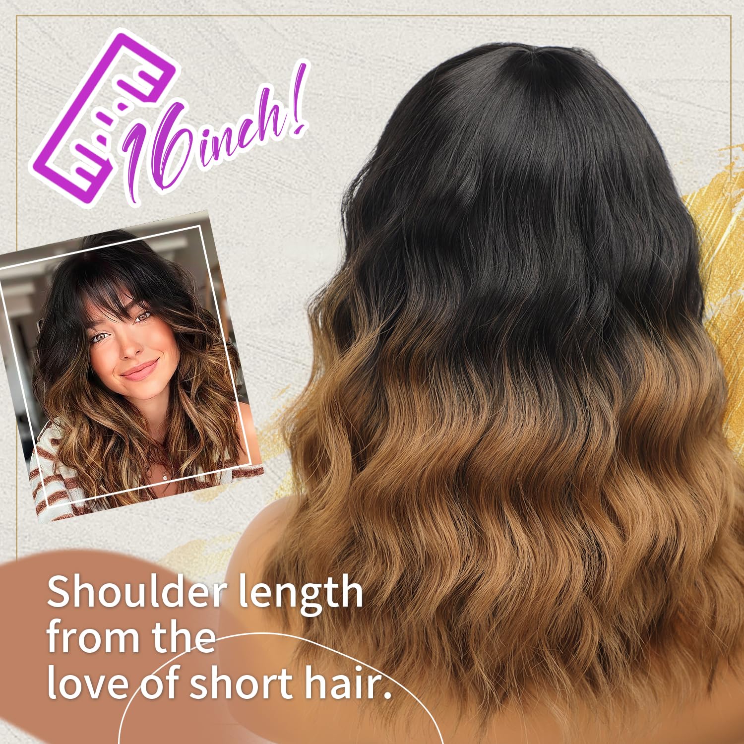 Nnzes Short Wavy Wig with Bangs for Women Shoulder Length Bob Curly Women's Charming Synthetic Wigs with Natural Wavy Black To Brown Heat Resistant Hair for Daily Party Use - Image 5