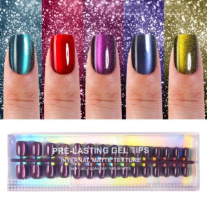 150Pcs Cat Eye Press on Nails Short Square, Plauva Soft Gel Fake Nails, Glossy Glitter Cat Eye Nail Tips for Women and Girls Stick On Nails in 15 Sizes