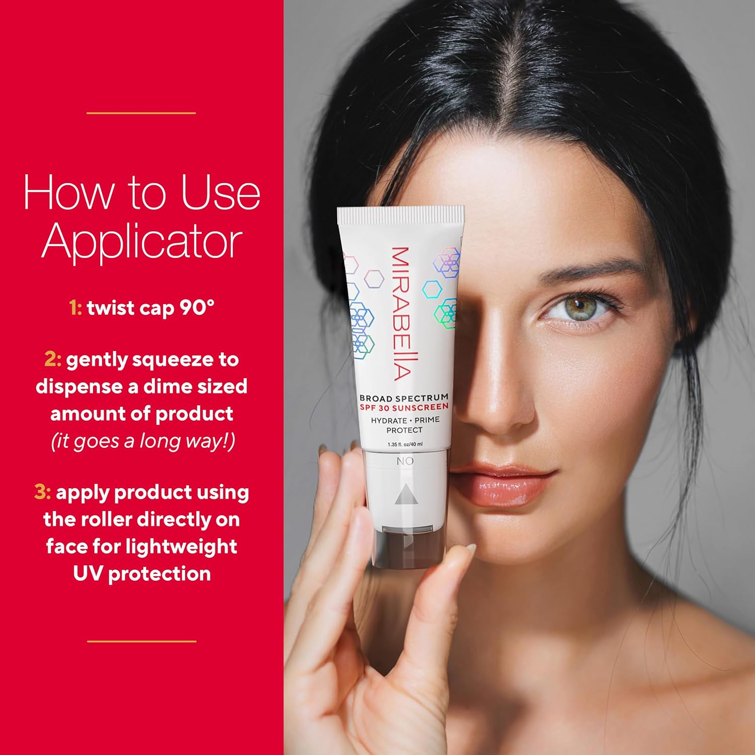 Mirabella Face Primer with SPF– Broad Spectrum SPF 30, Hydrating SPF Moisturizer Face Primer & Anti-Aging Formula with Hyaluronic Acid & Antioxidants - Face Roller Applicator, 1.35 fl. Oz - Image 4