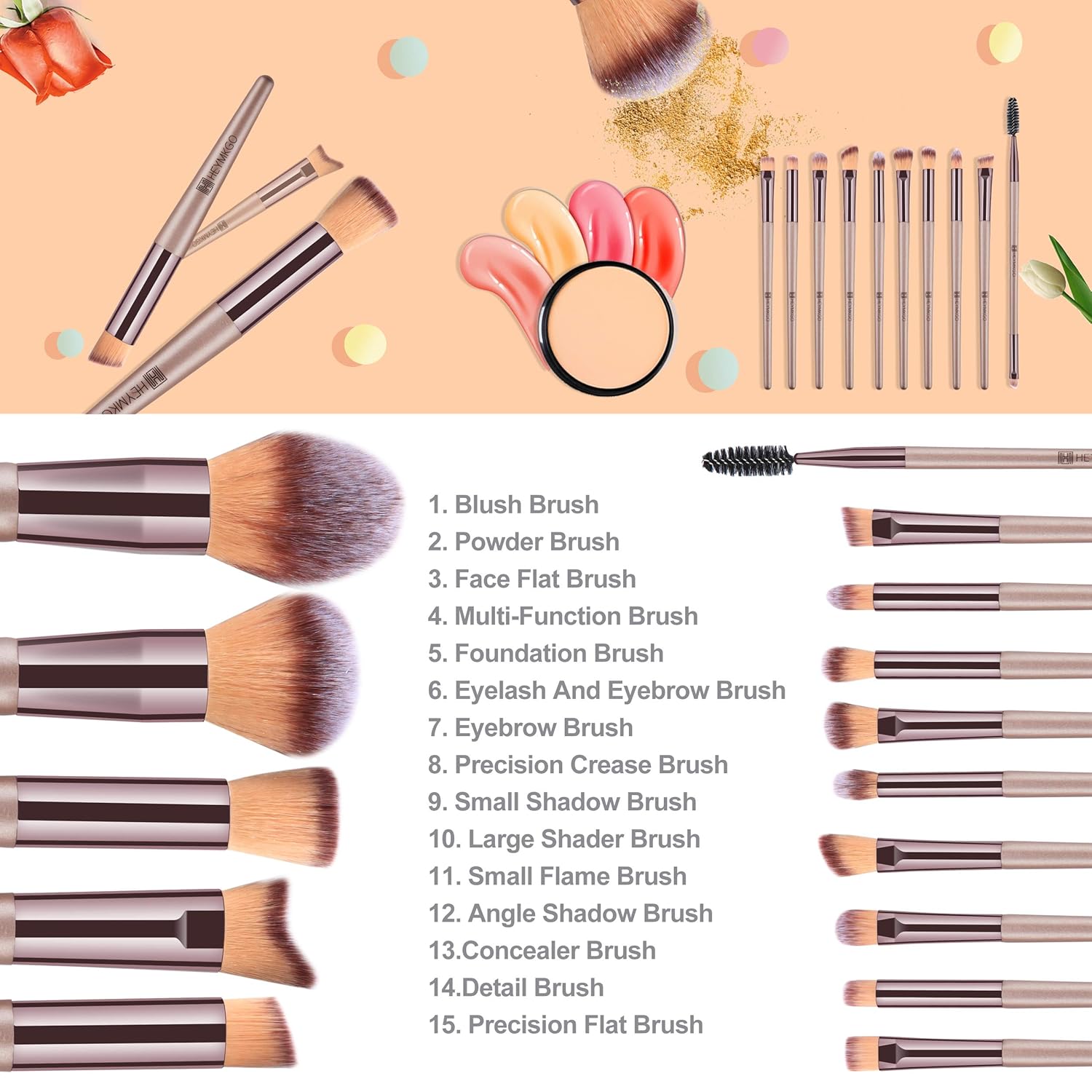 HEYMKGO Makeup Brushes 15PCS Champagne Gold Professional Makeup Brush Set Foundation Brush Blending Powder Blush Concealer Eye Make Up Brush with Bag - Image 4