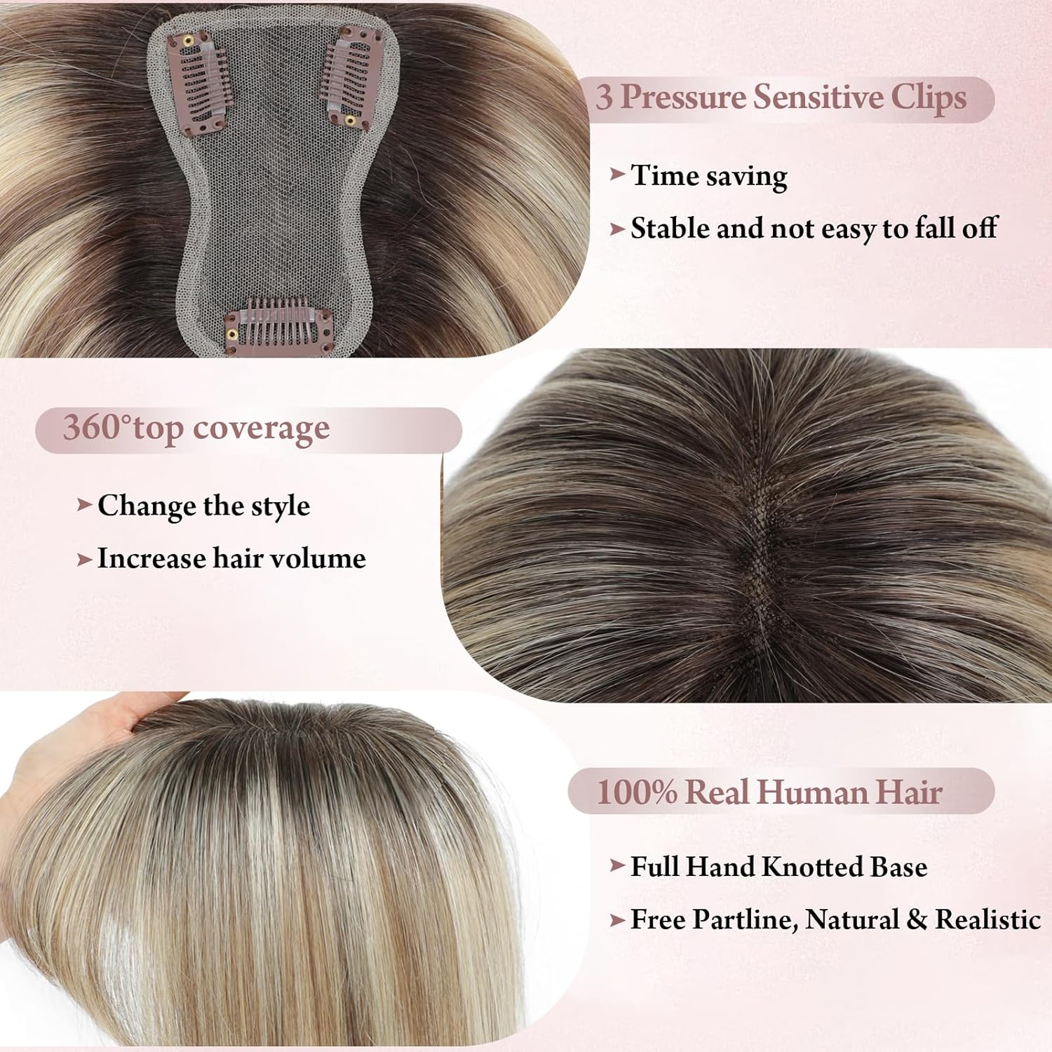 Hair Toppers for Women Real Human Hair Toppers for Women with Thinning Hair Pieces with Bangs Top Handmade Swiss Base HairPieces 10Inch (Ombre Light Brown with Blond Highlight) - Image 4