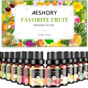 Fruity Essential Oils Set - TOP 14 Fragrance Oil for Diffusers, Candle Making Includes Strawberry, Apple, Pineapple, Cucumber Melon, Cherry, Mango, Lemon, and Orange Scented Aromatherapy Oils (5ml)