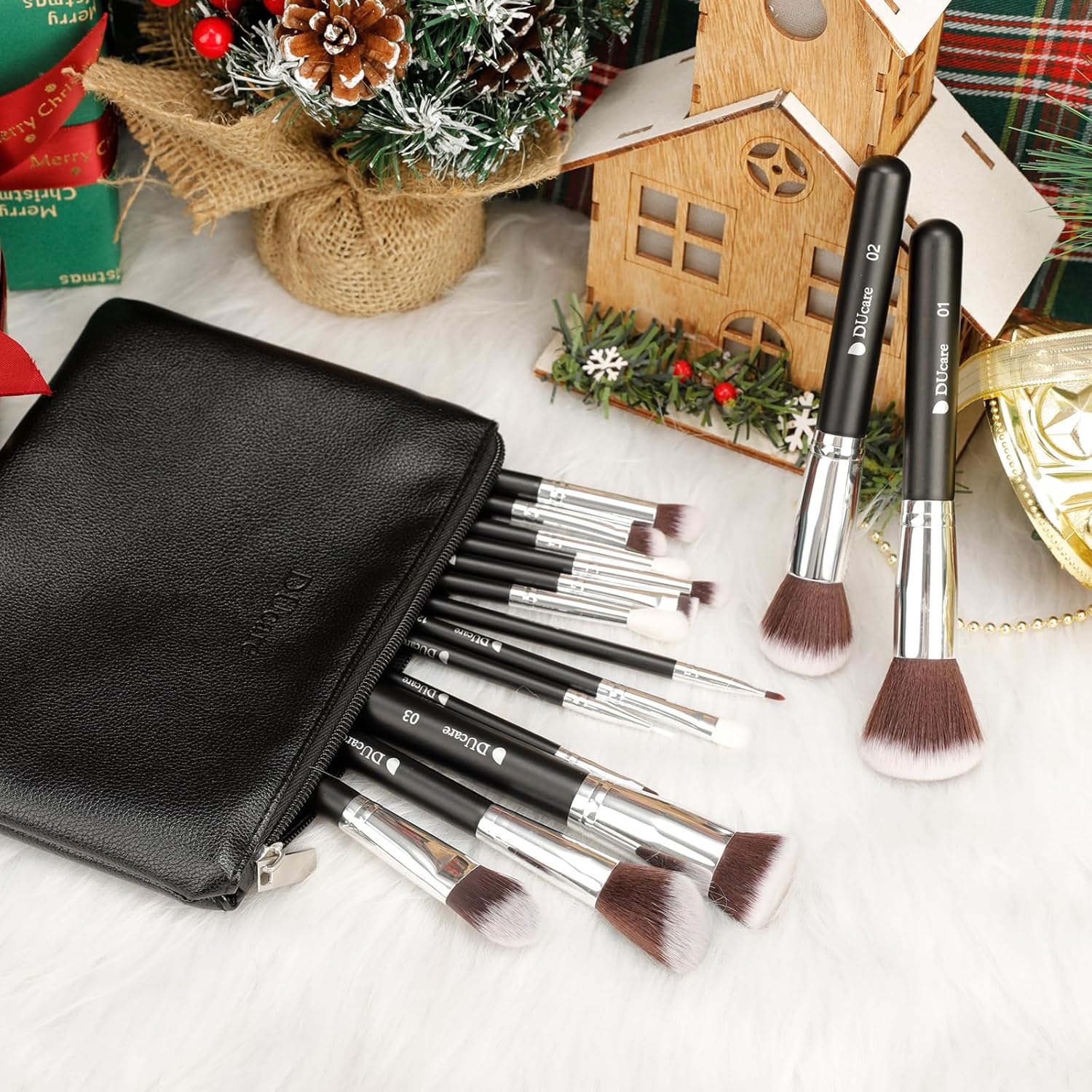 DUcare Makeup Brushes with Bag,15Pcs Makeup Brush Set Christmas Gift Travel Kabuki Foundation Blending Blush Eyeliner Shadow Brow Concealer Brushes Kit Black - Image 2