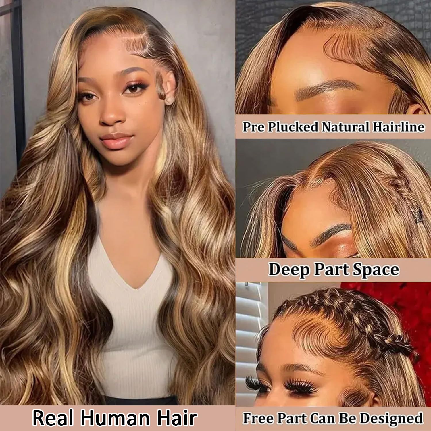 Real Human Hair Wig 30 Inch Ombre 13x6 Lace Front Wig Human Hair 210% Density 4/27 Highlight Wigs Honey Blonde Body Wave Lace Front Wig Pre Plucked HD Frontal Wig Glueless Wigs - Image 2