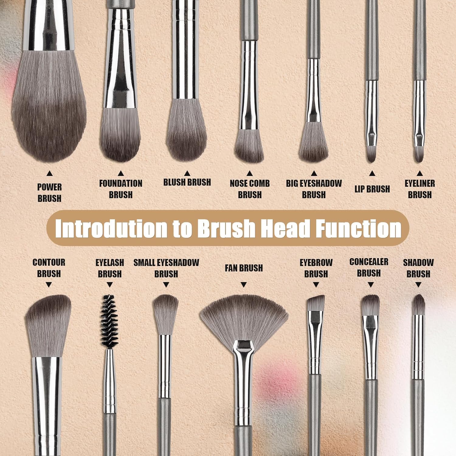 14 Pcs Makeup Brush Set, Professional Eye and Face Foundation Brush Set, Eyeshadow Brushes, Cosmetic Brushes, with Pu Bag, Grayish - Image 3