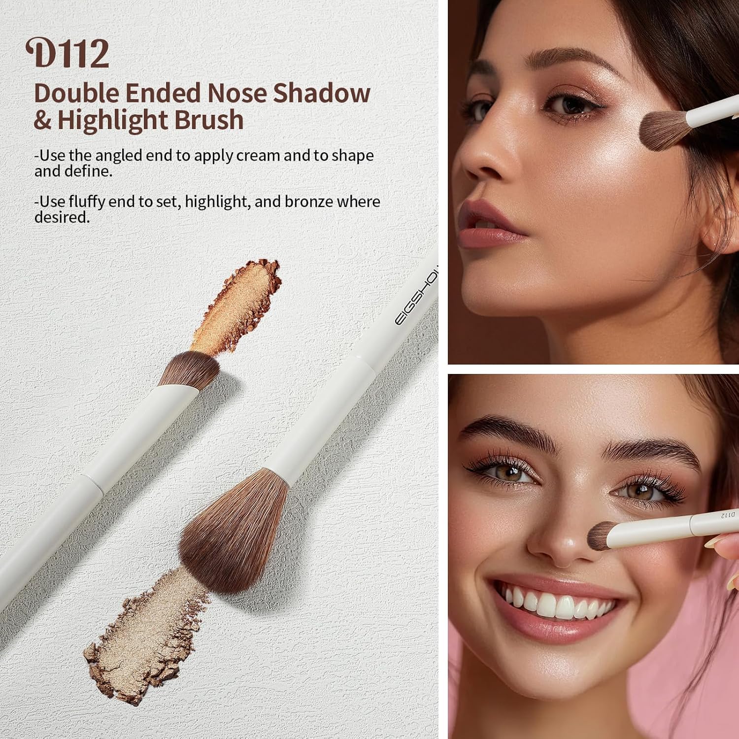 EIGSHOW Makeup Brush Set, 3Pcs Double Ended Face Makeup Brushes for Foundation Powder Contour Highlight Concealer Nose Shadow, Travel Gift Set (Beige) - Image 4