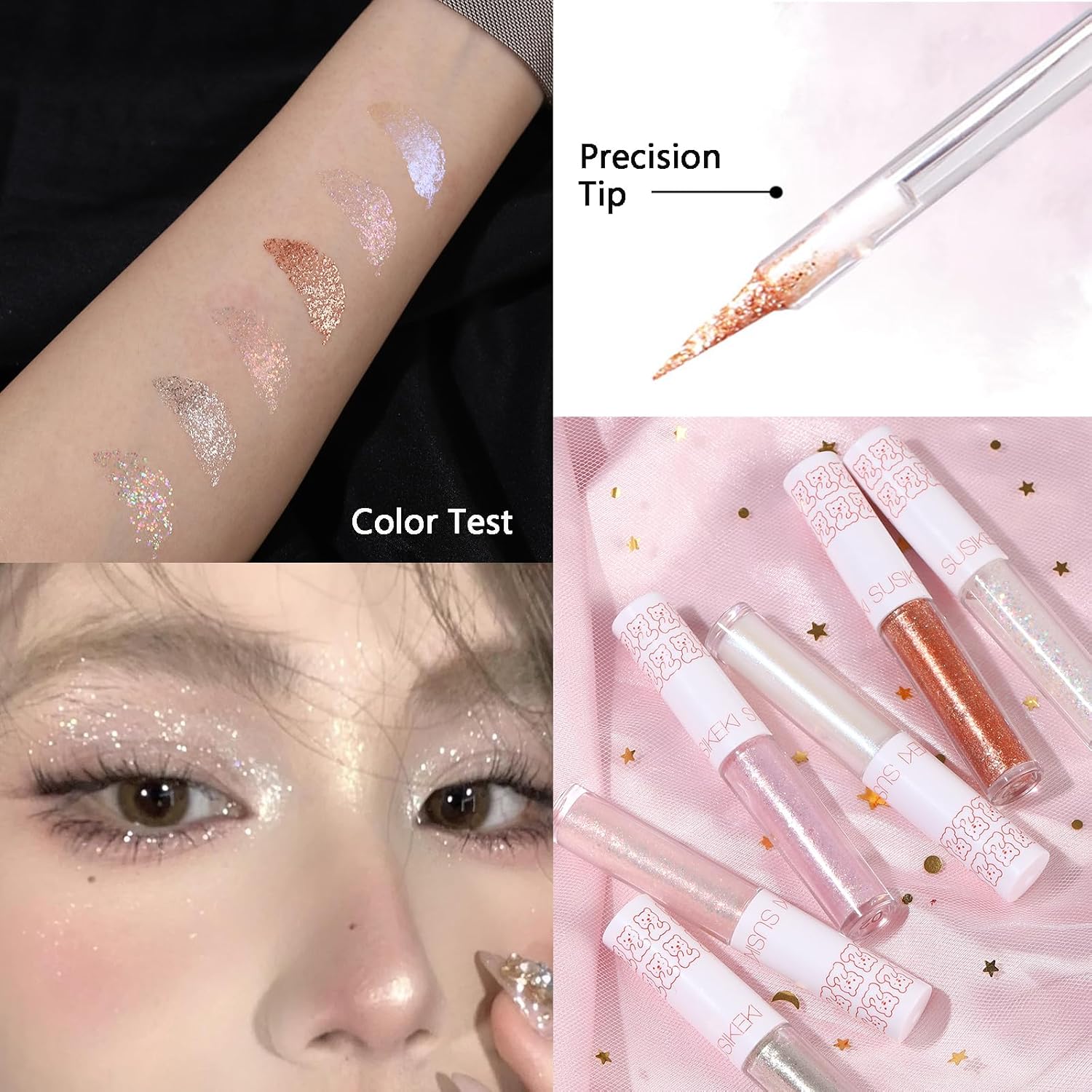 6Pcs Liquid Glitter Eyeshadow Eyeliner, Korean Makeup, Bling Under Eye Shadow, Shimmer Eye Make Up Valentine's Gift Set,Long Lasting,Quick Drying & Pigmented Loose Glitter Glue for Crystals Makeup - Image 2