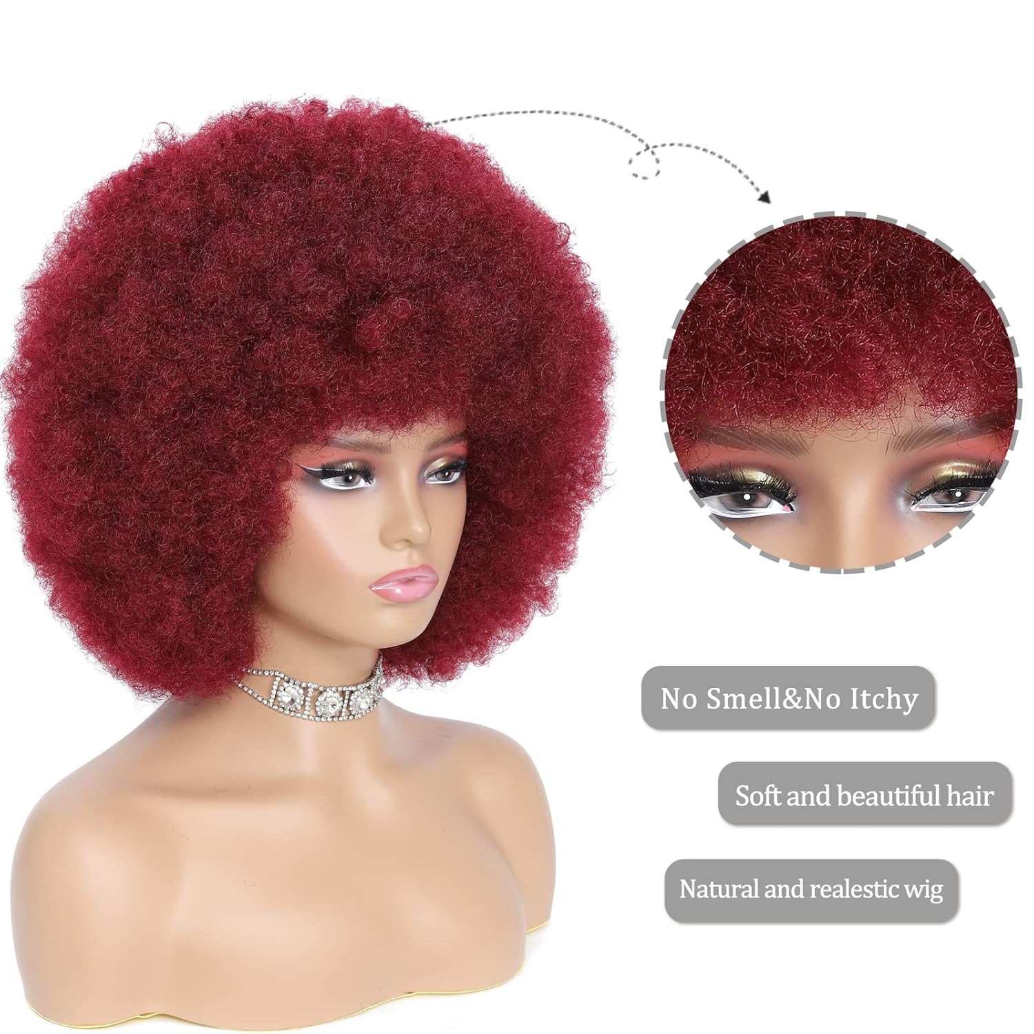 Afro Wig - Soft 70s Afro Wig For Women Burgundy Afro Kinky Curly Hair Wigs With Bangs Natural Dark Red Short Afro Curly Wig For Men Bouncy Afro Puff Wig Synthetic Hair Afro Wig For Daily Party Use - Image 3