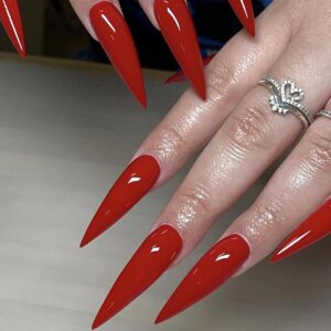 MERVF Stiletto Press on Nails Long Fake Nails Red Almond Glue on Nails Solid Color Acrylic Nails Press ons Artificial Goth Blood False Nails 24pcs Glossy Halloween