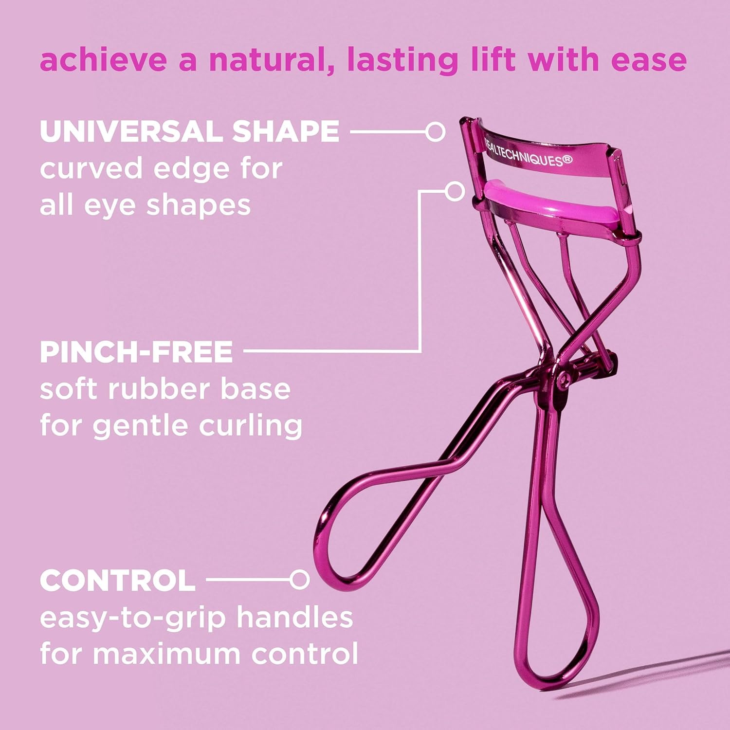 Real Techniques Miracle Eyelash Curler, Gentle Lash Tool for Lifted Lashes, Use with Mascara for Extra Volume, Travel-Size Lash Curler, Comfort Grip & Pinch-Free Design, Pink, Cruelty-Free, 1 Count - Image 2