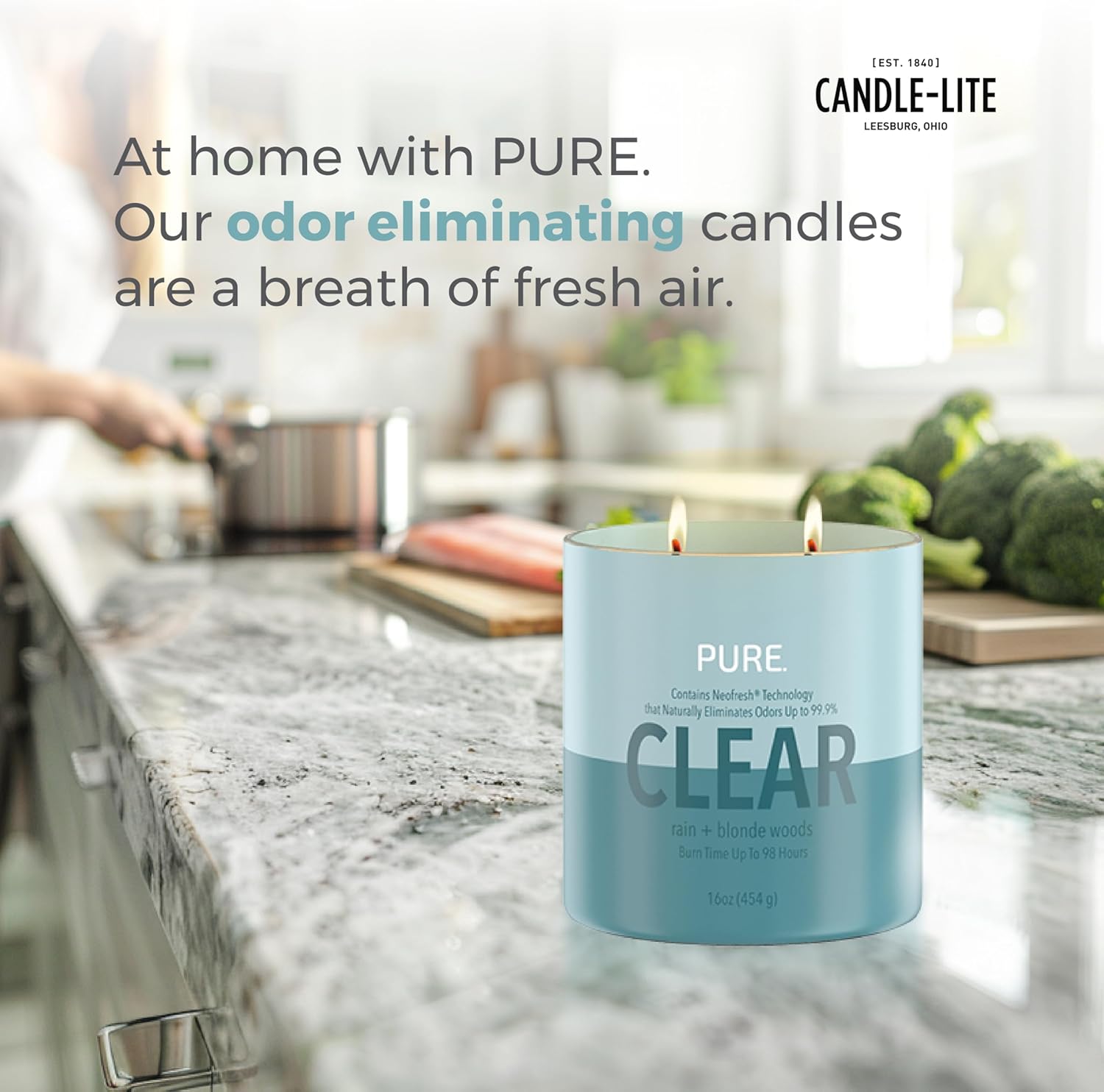 Candle-Lite Pure Rain & Blonde Woods Odor Eliminating Scented Candles, Neofresh Technology Eliminates 99.9% of Odors, 16 oz 2-Wick Jar, Proudly Poured in The USA, 44-60 Hours Burn Time - Image 6