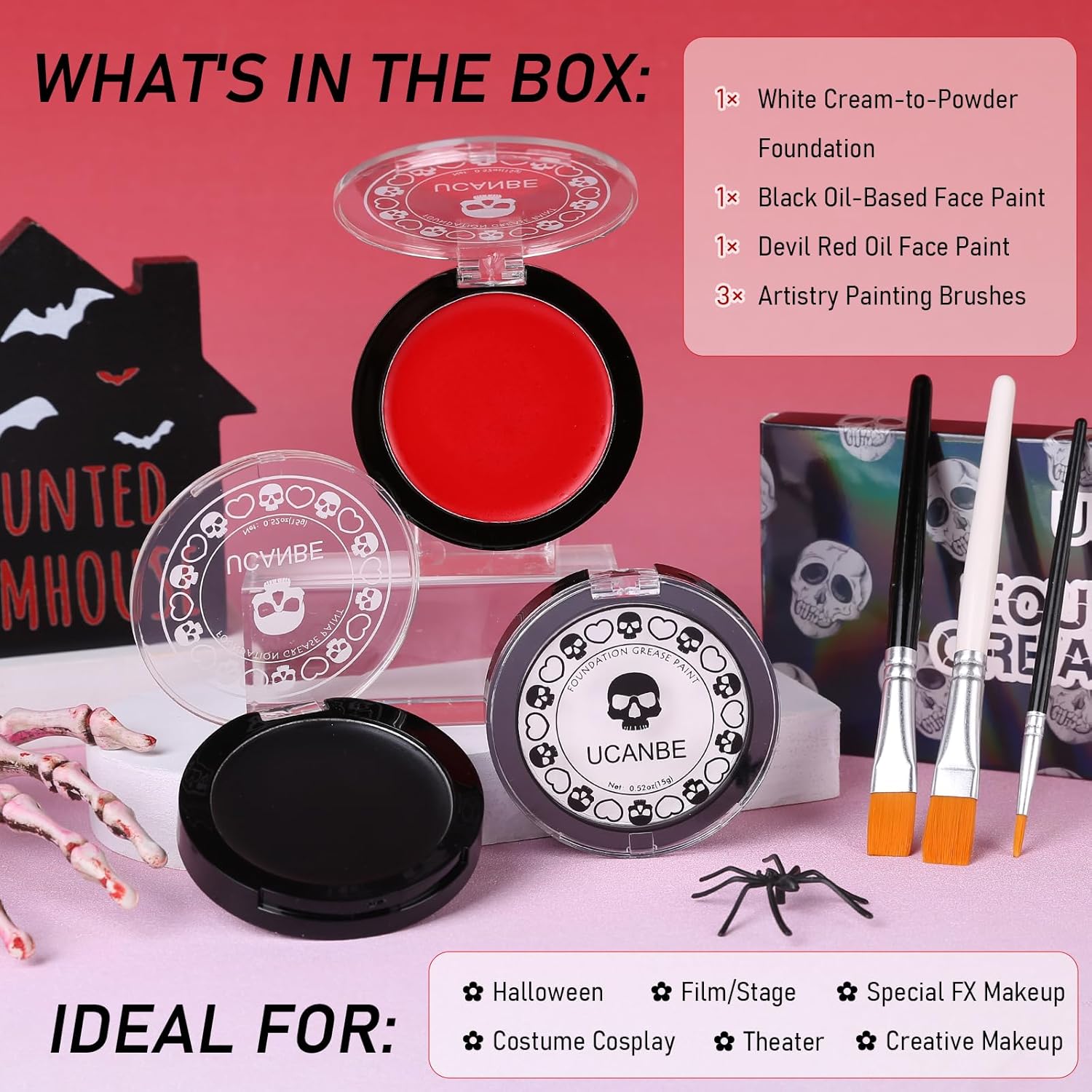 Goth White Foundation + Black Red Face Body Paint for Halloween Makeup, Face Painting Kit with Brushes Facepaint Set for Kids Adults Clown Vampire Skull SFX Make Up Costume Cosplay Party Theater Stage - Image 3