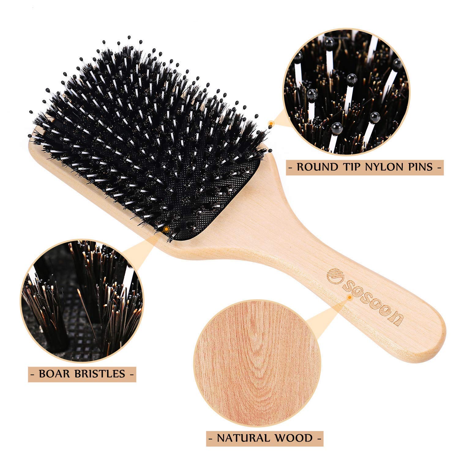 Hair Brush, Sosoon Boar Bristle Paddle Hairbrush for Long Short Thick Thin Curly Straight Wavy Dry Hair for Men Women Kids, No More Tangle, Giftbox & Tail Comb Included - Image 2