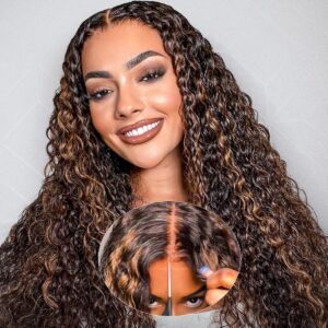 Wear and Go Glueless Wigs Human Hair Pre Plucked Brown Highlight Curly Wig Human Hair Ombre Wigs 180% Density 5x5 Hd Lace Frontal Wigs 22 Inch