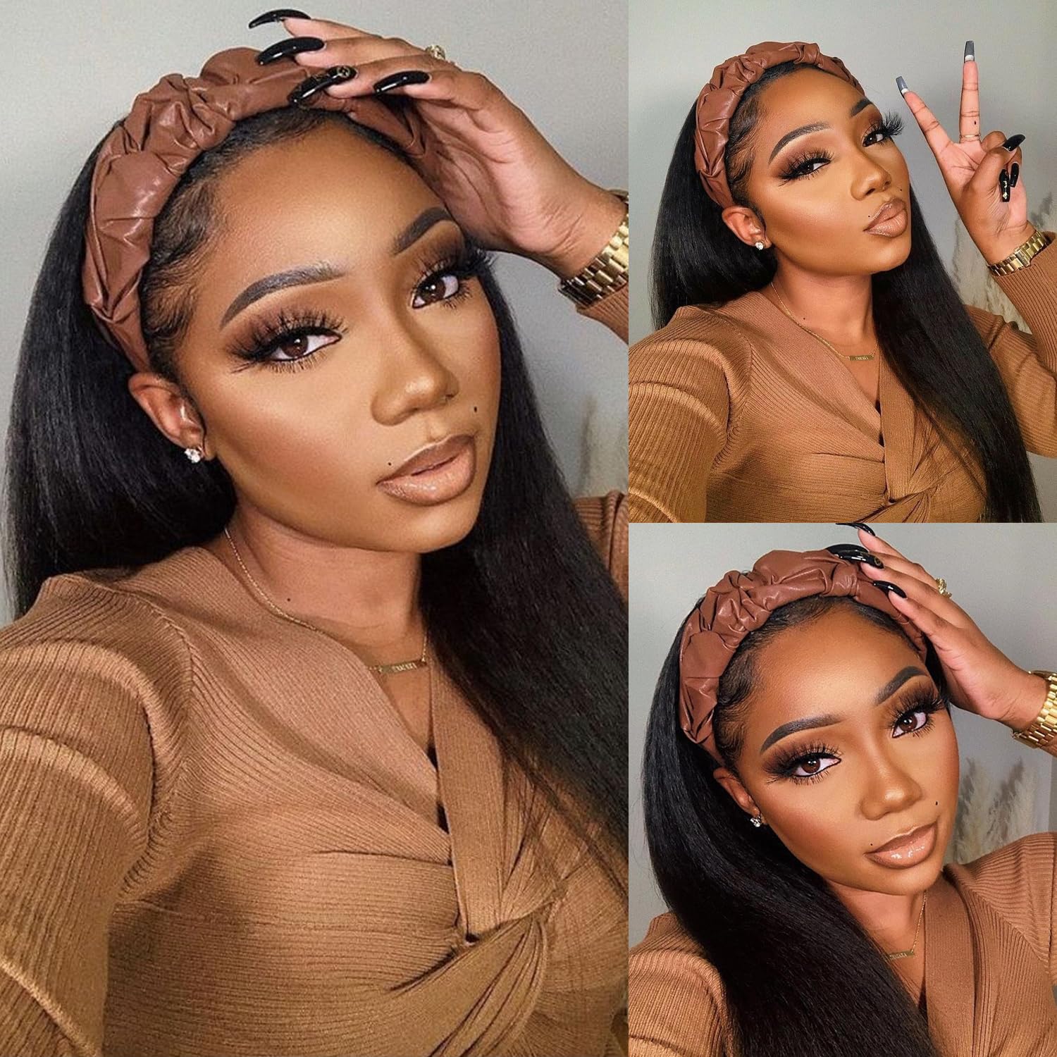 TNICE Kinky Straight Headband Wig Human Hair 18 Inch Headband Wigs for Black Women Glueless None Lace Front Yaki Straight Human Hair Headband Wig Brazilian Virgin Hair Wigs Natural Black 180% Density - Image 2