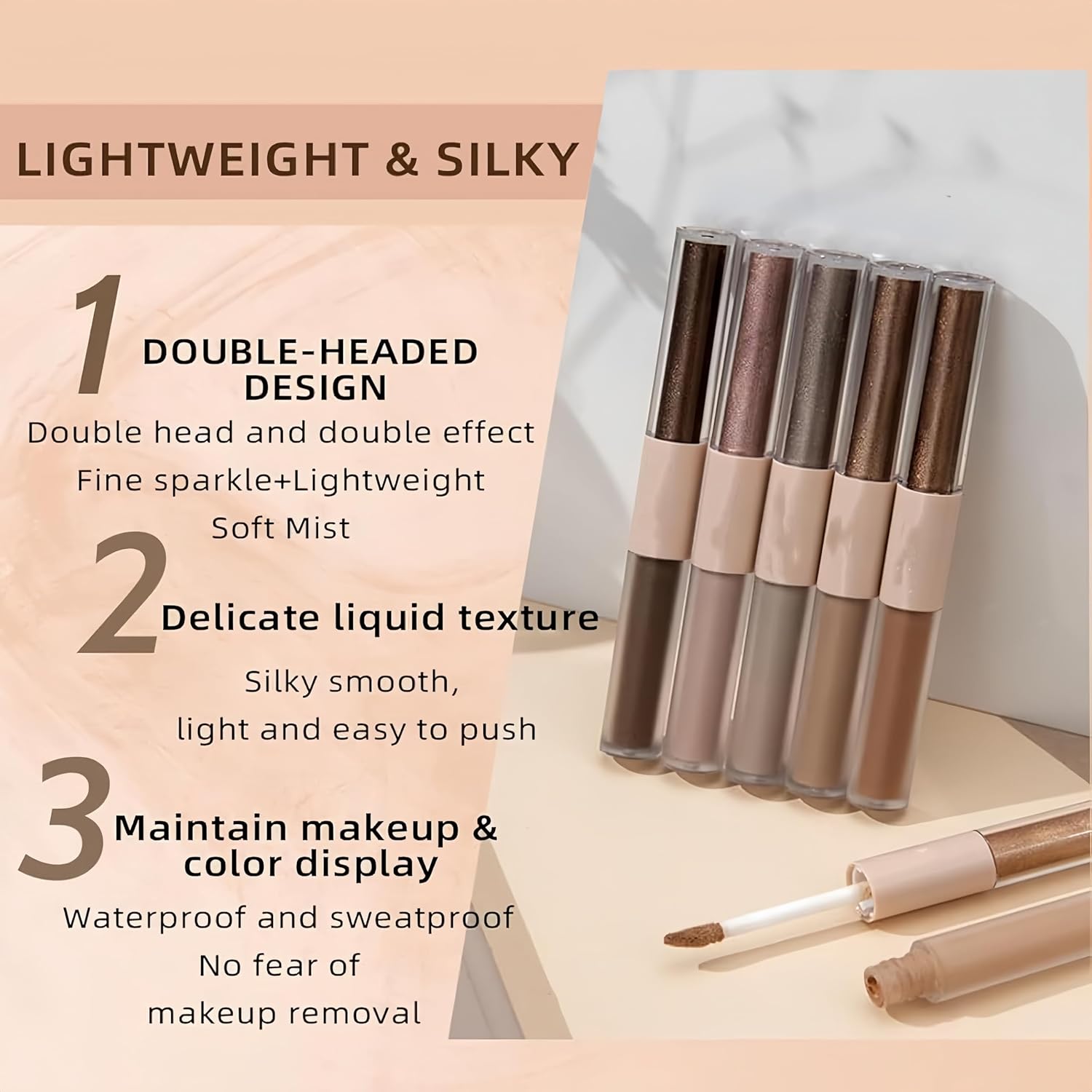 Dual Ended Liquid Eyeshadow 6 Color Neutral Naked Glitter and Matte Waterproof Long Lasting Smooth Creamy Eyeshadow Set (6 Colors Set 1) - Image 4
