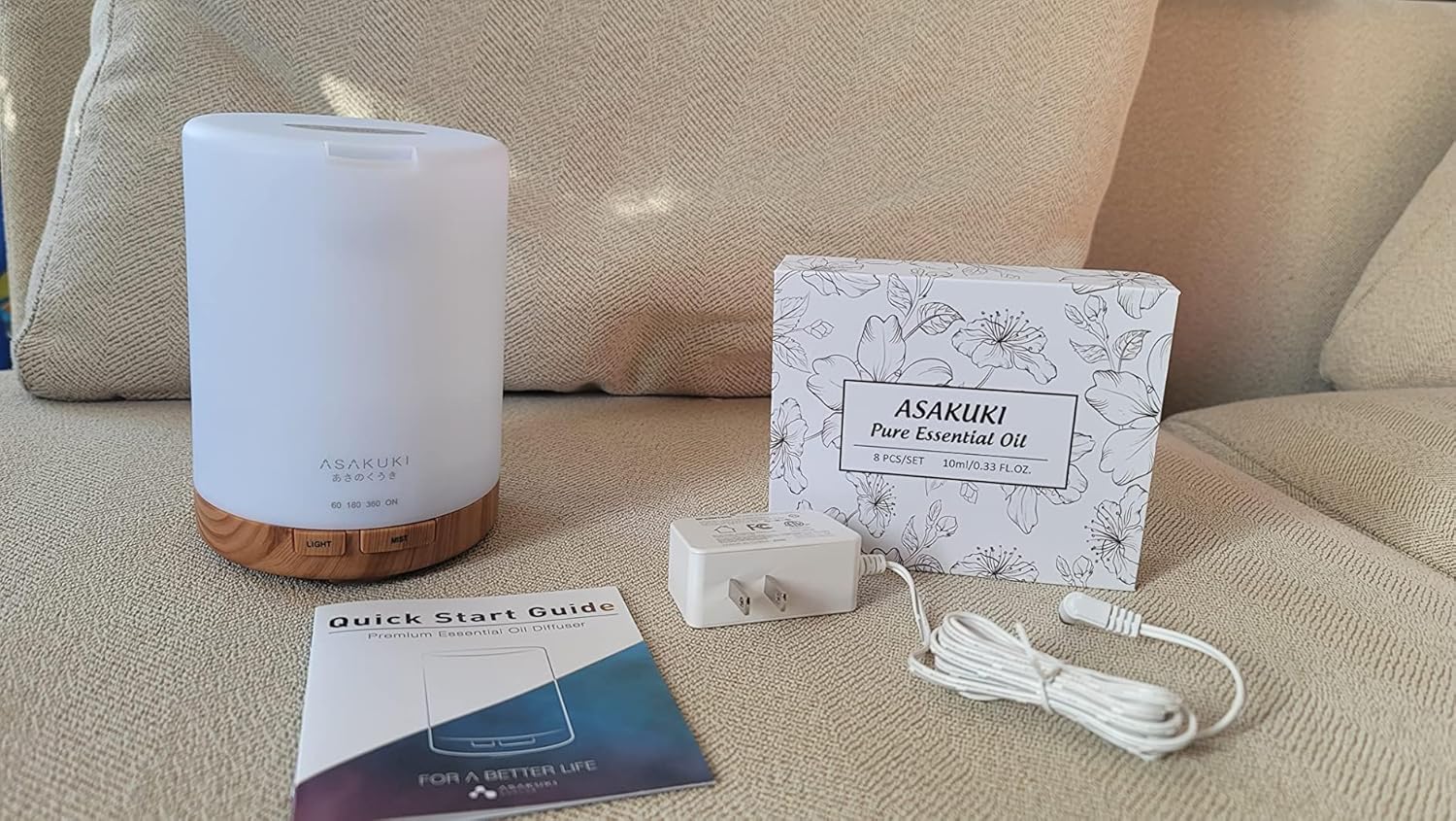 ASAKUKI Essential Oil Diffuser, Aromatherapy Cool Mist Home Humidifier with 7 LED Color Changing Light and Auto-Off Safety Switch, 8 Essential Oils Set, 300ml (Brown with Oils) - Image 9