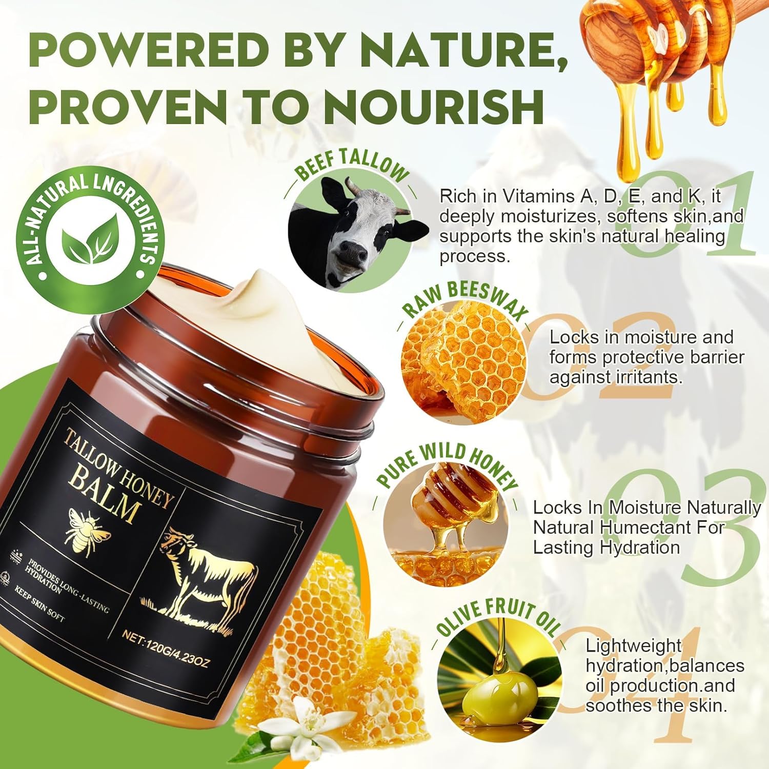Organic Whipped Beef Tallow Face and Body Moisturizer with Raw Honey and Beeswax, 4.23 oz - Image 2
