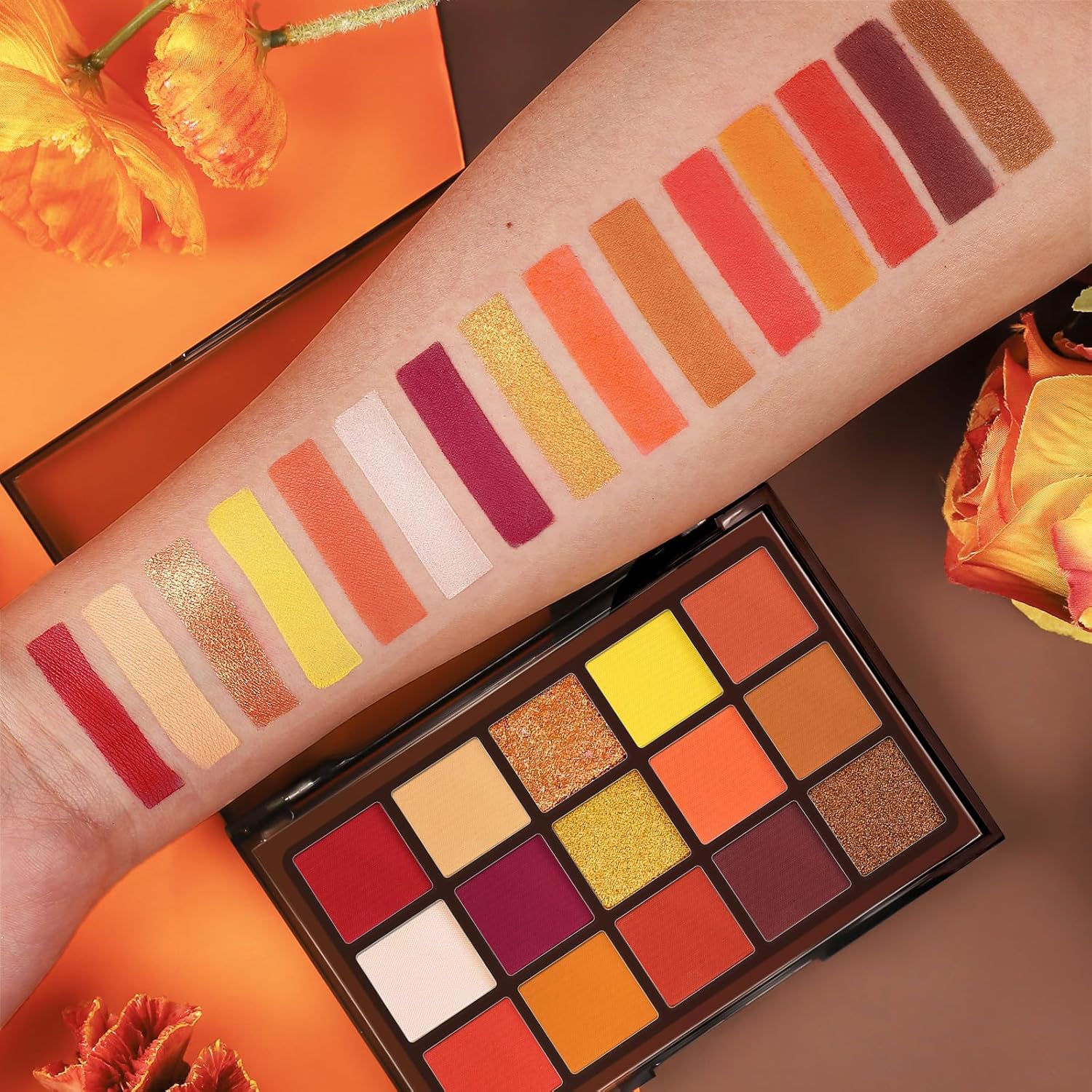 UCANBE Orange Eyeshadow Makeup Palette, 15 Colors Vibrant Shimmer Matte Glitter Eye Shadow Pallet, High Pigmented Warm Yellow Sunset Red Coral for Fall Cosplay Halloween Costume Parties Pumpkin Makeup - Image 4
